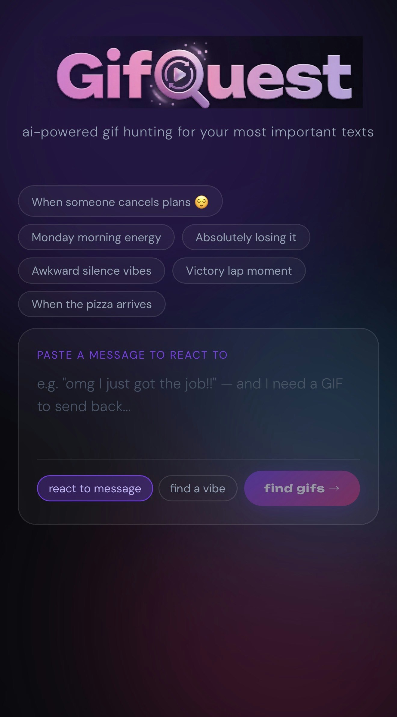 GifQuest — Find the Perfect GIF - Main product screenshot demonstrating key features and user interface