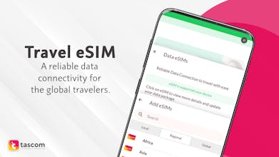 A smartphone with a Travel eSIM service enabled, offering stress-free international communication options.