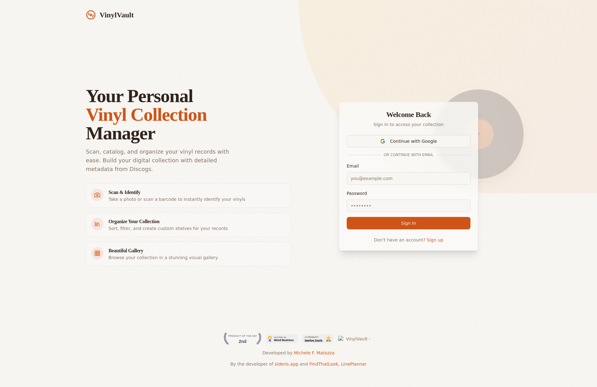 VinylVault - Main product screenshot demonstrating key features and user interface
