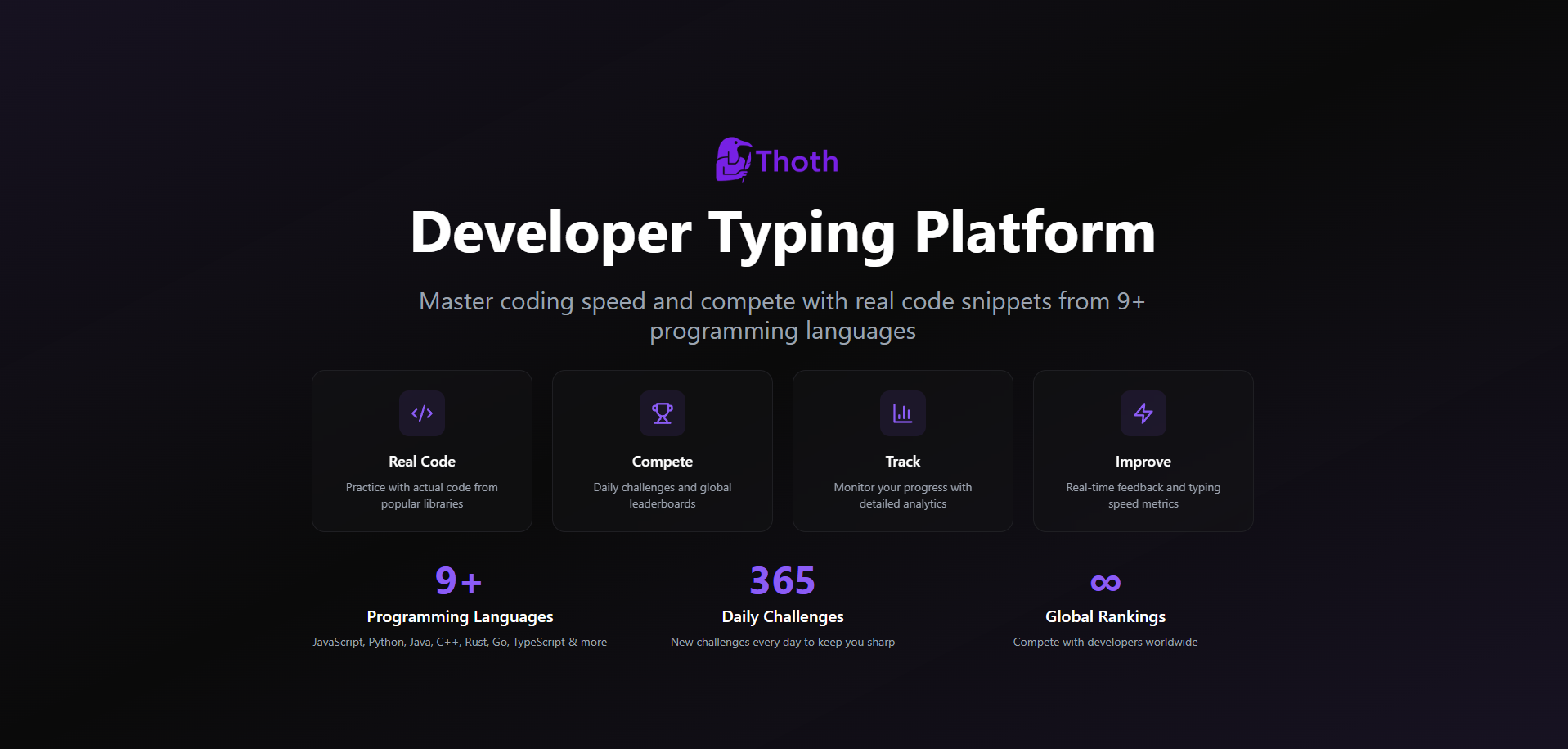 Mídia 2 de Thoth |A plataforma de digitação do desenvolvedor - Velocidade de codificação mestre, precisão e competir com o código real.