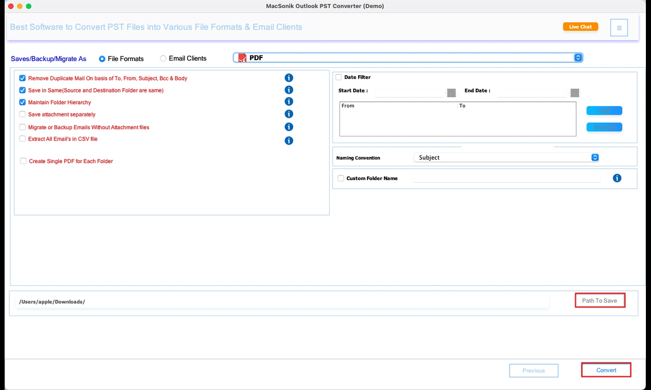 MacSonik PST to PDF Converter - Screenshot 3 showing product features and functionality