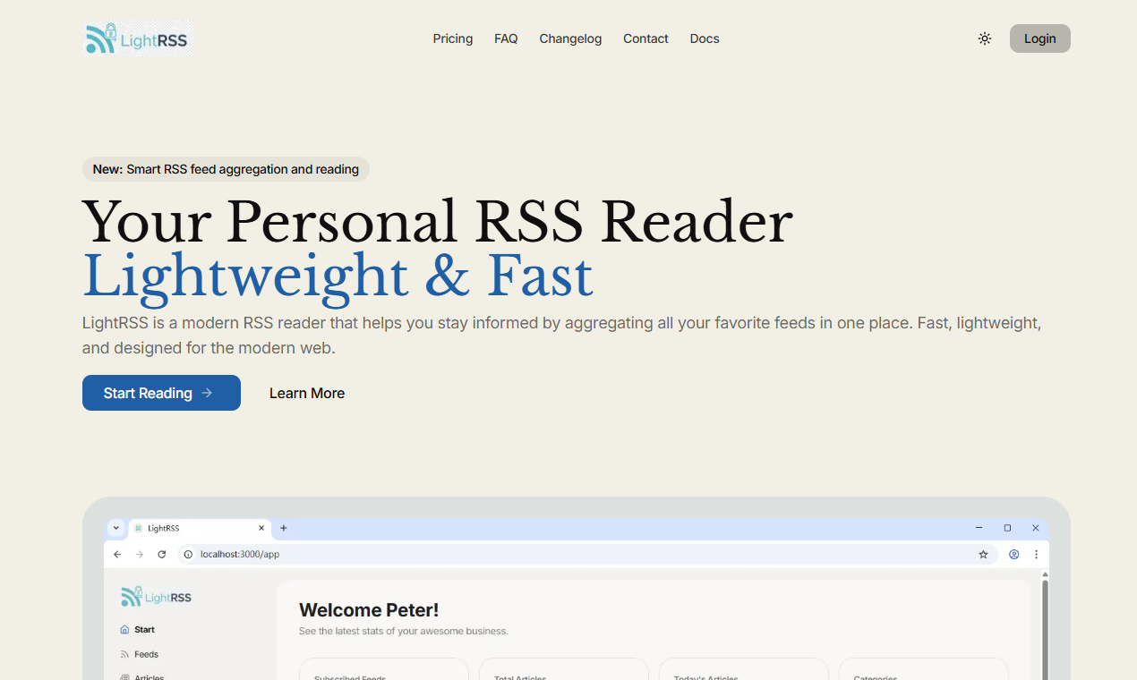 LightRSS - Main product screenshot demonstrating key features and user interface