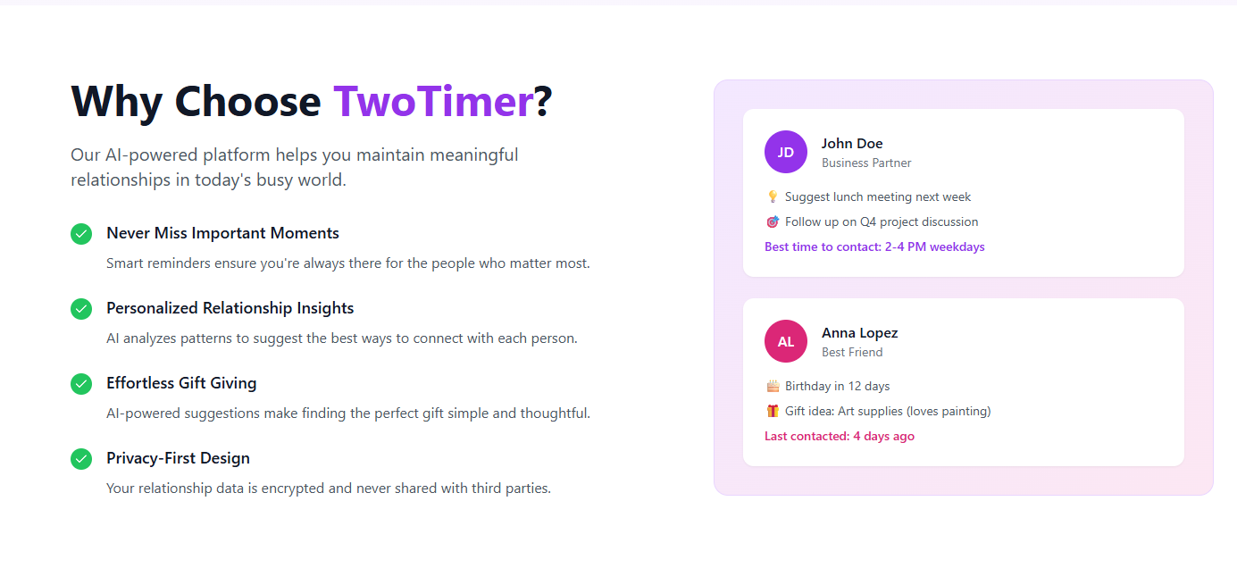 TwoTimer - Relación impulsada por IA que realmente recuerda lo que importa media 2