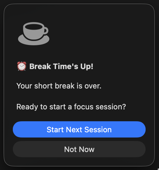 Mídia 2 de TTCD - um pomodoro minimalista - O timer de pomodoro simples e focado para macOS