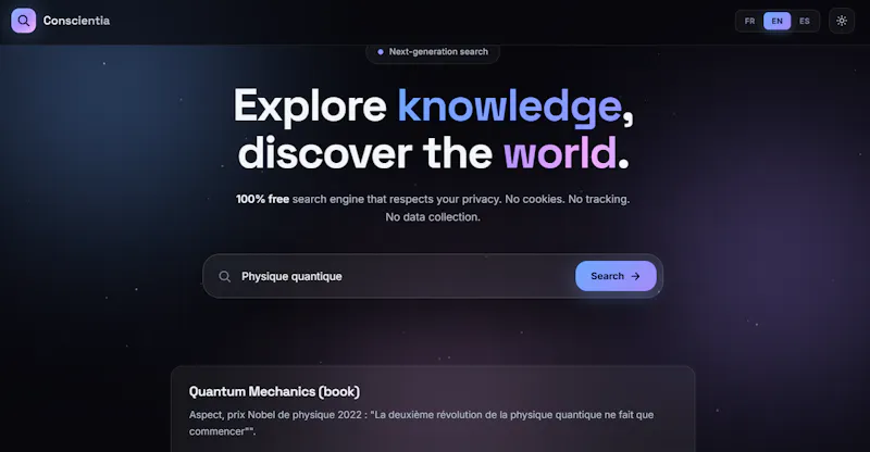 Conscientia Private search engine screenshot 1