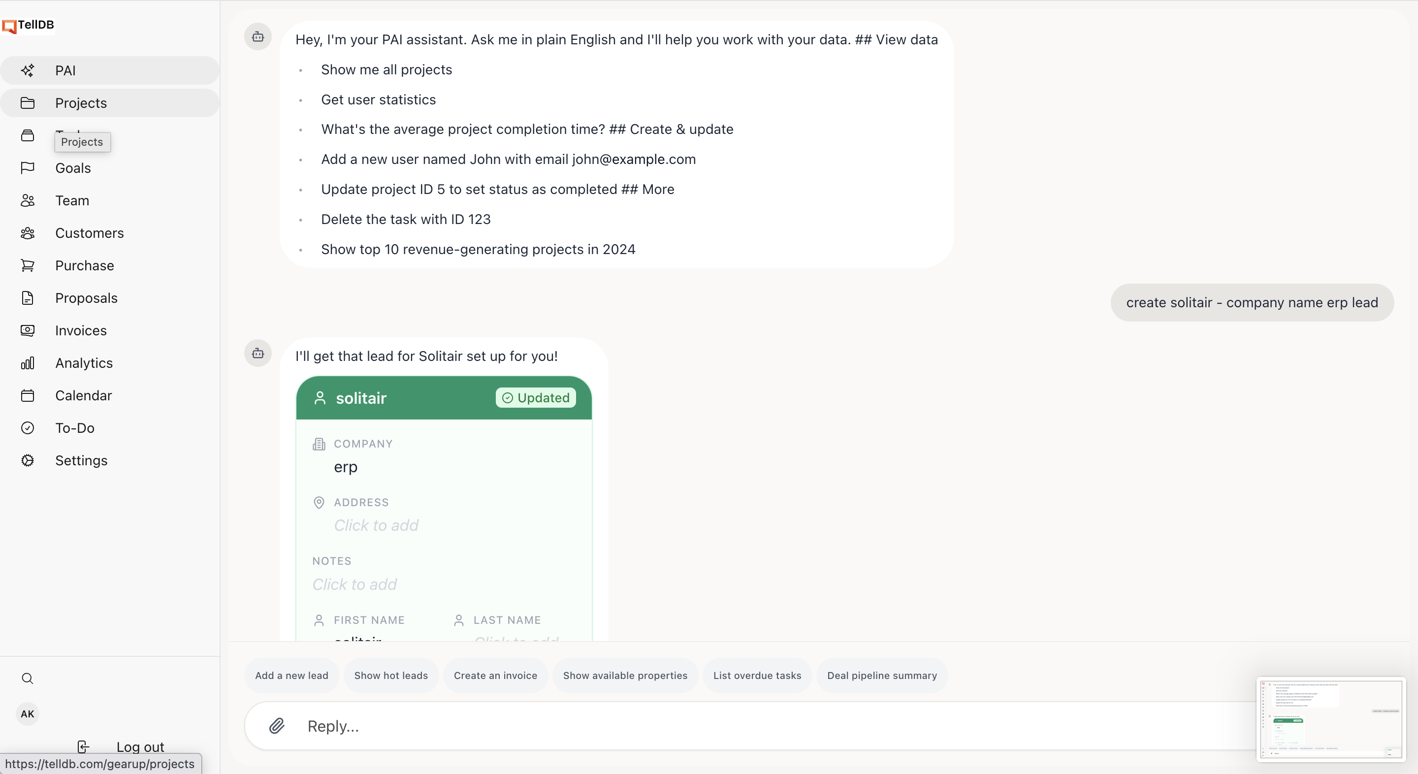 TellDB Run Your Business From One Chat - Screenshot 4 showing product features and functionality