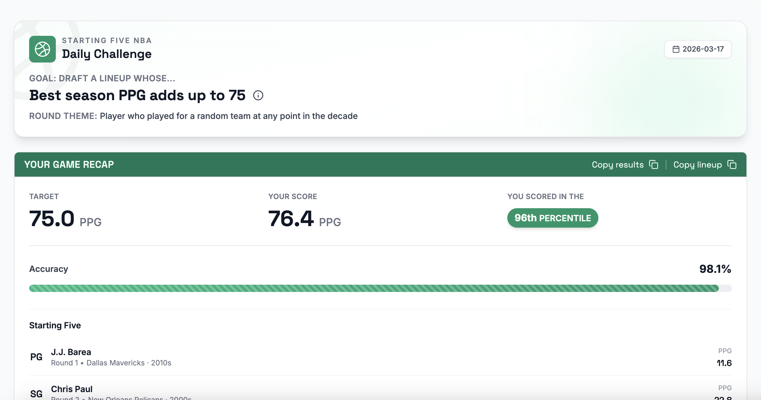 Daily NBA Draft Challenges - Screenshot 3 showing product features and functionality