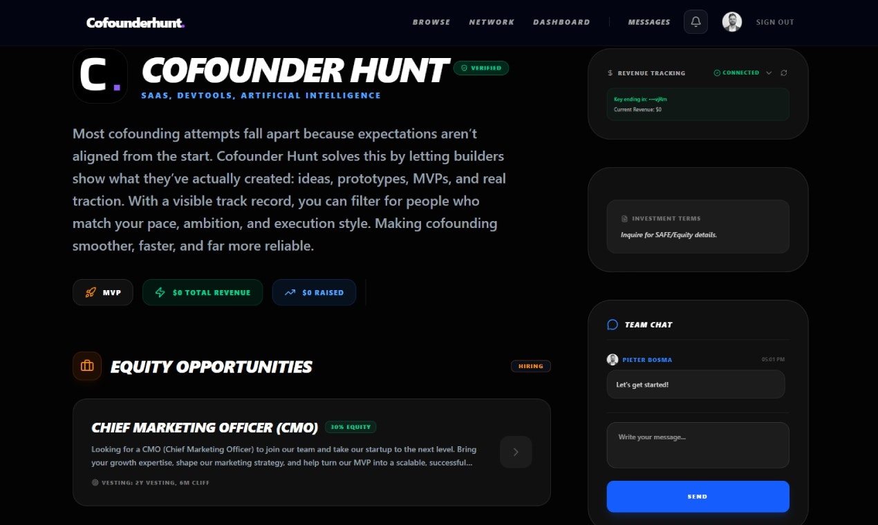 Cofounder Hunt - Screenshot 3 showing product features and functionality