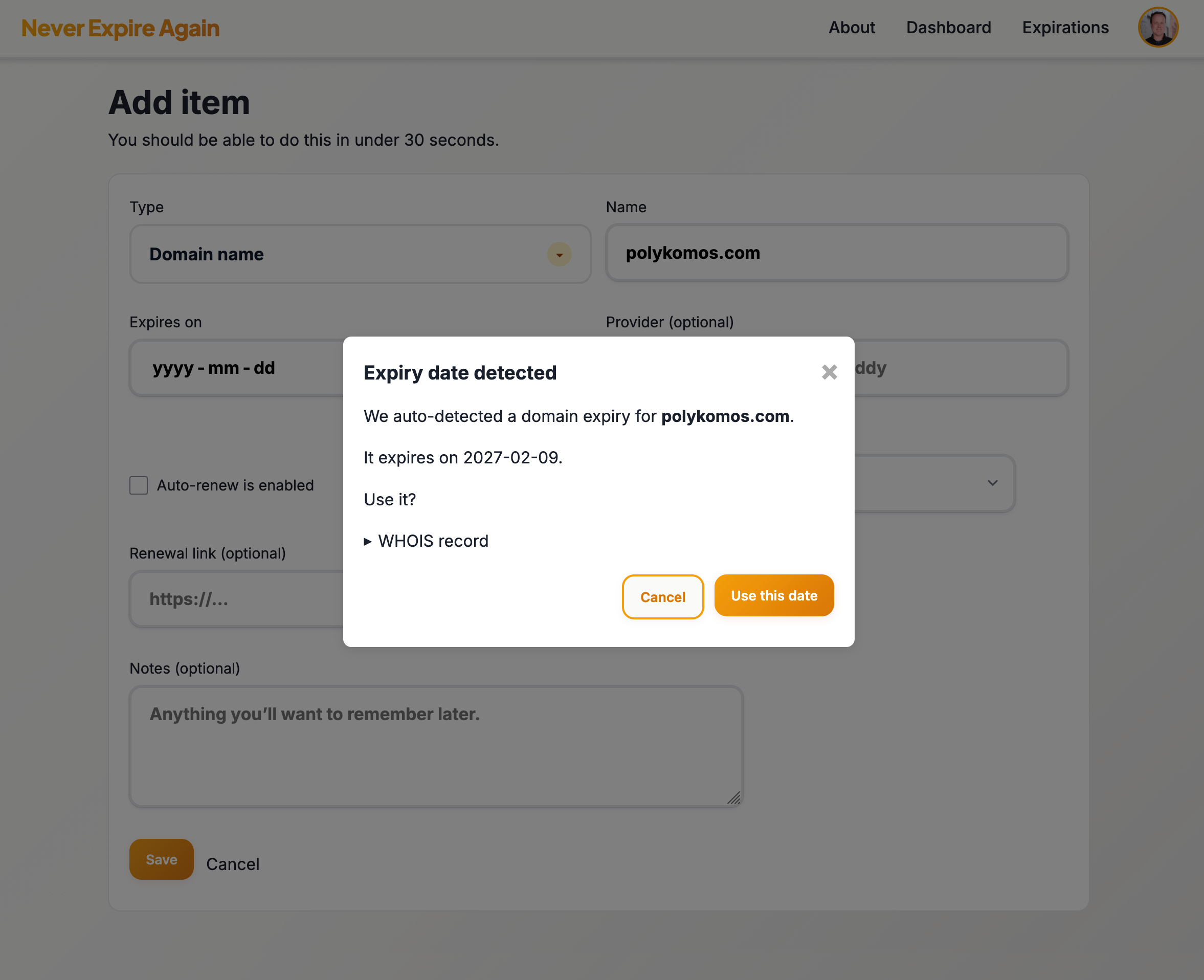 Never Expire Again - Screenshot 3 showing product features and functionality
