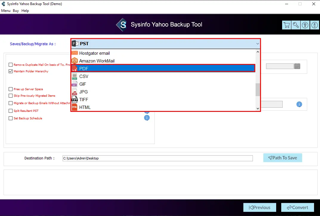 Yahoo Mailバックアップツール - バックアップYahooメールボックスアイテムは、PST、MSG、EML、TXTなどになります。メディア4