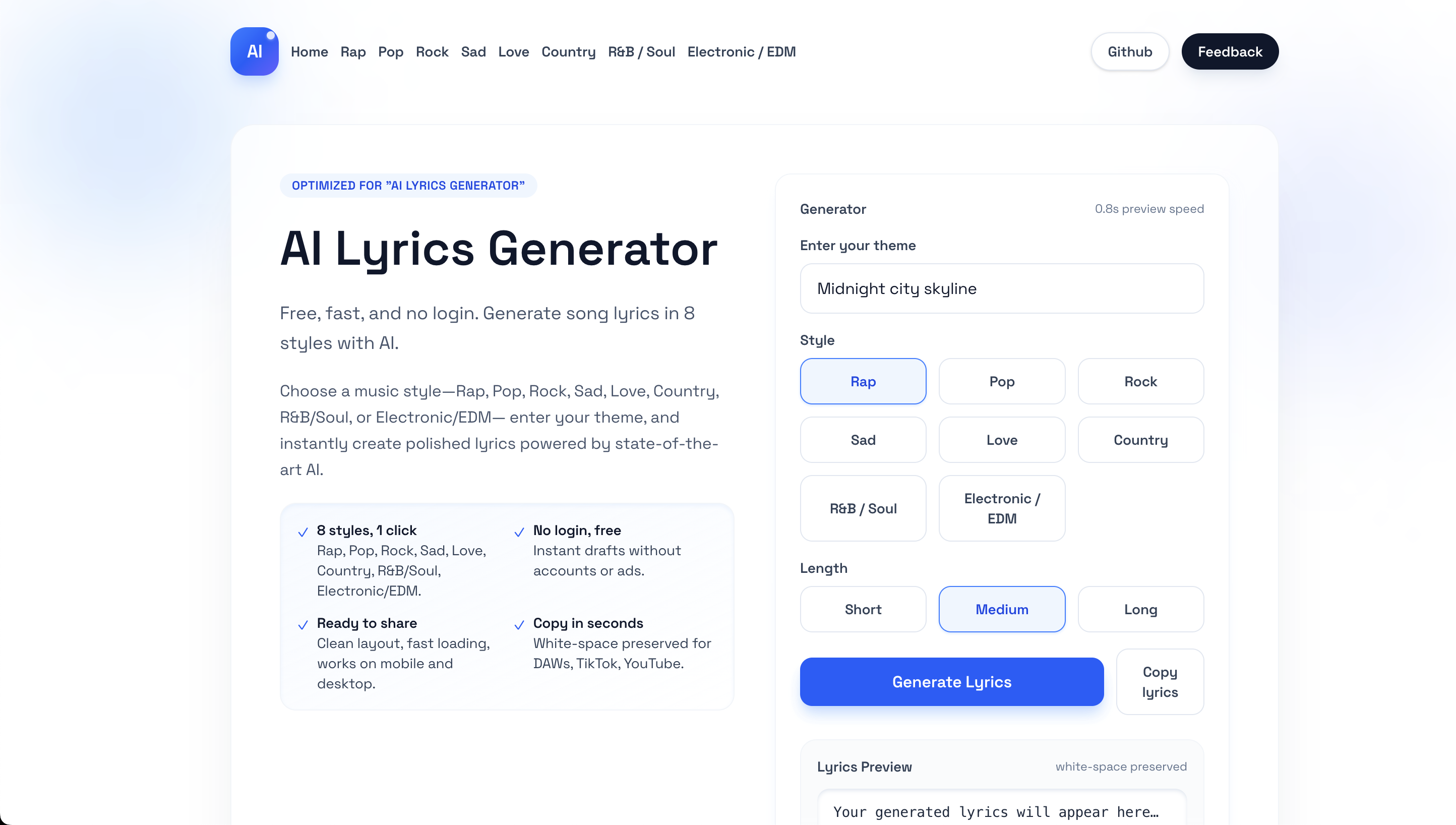 ai-lyrics-generator - Screenshot 2 showing product features and functionality