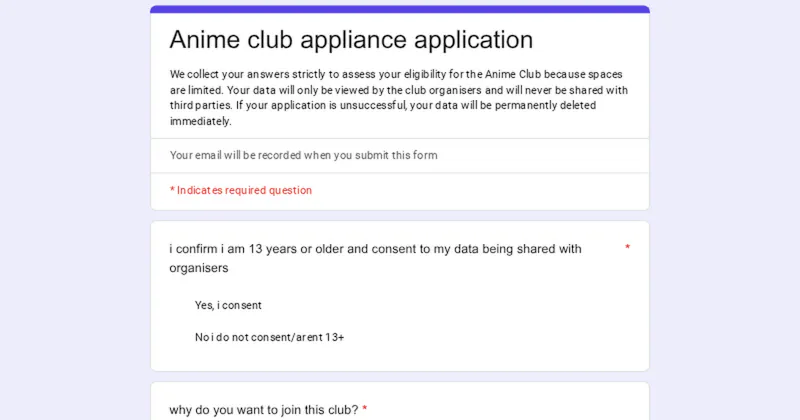 Anime club signup screenshot 1