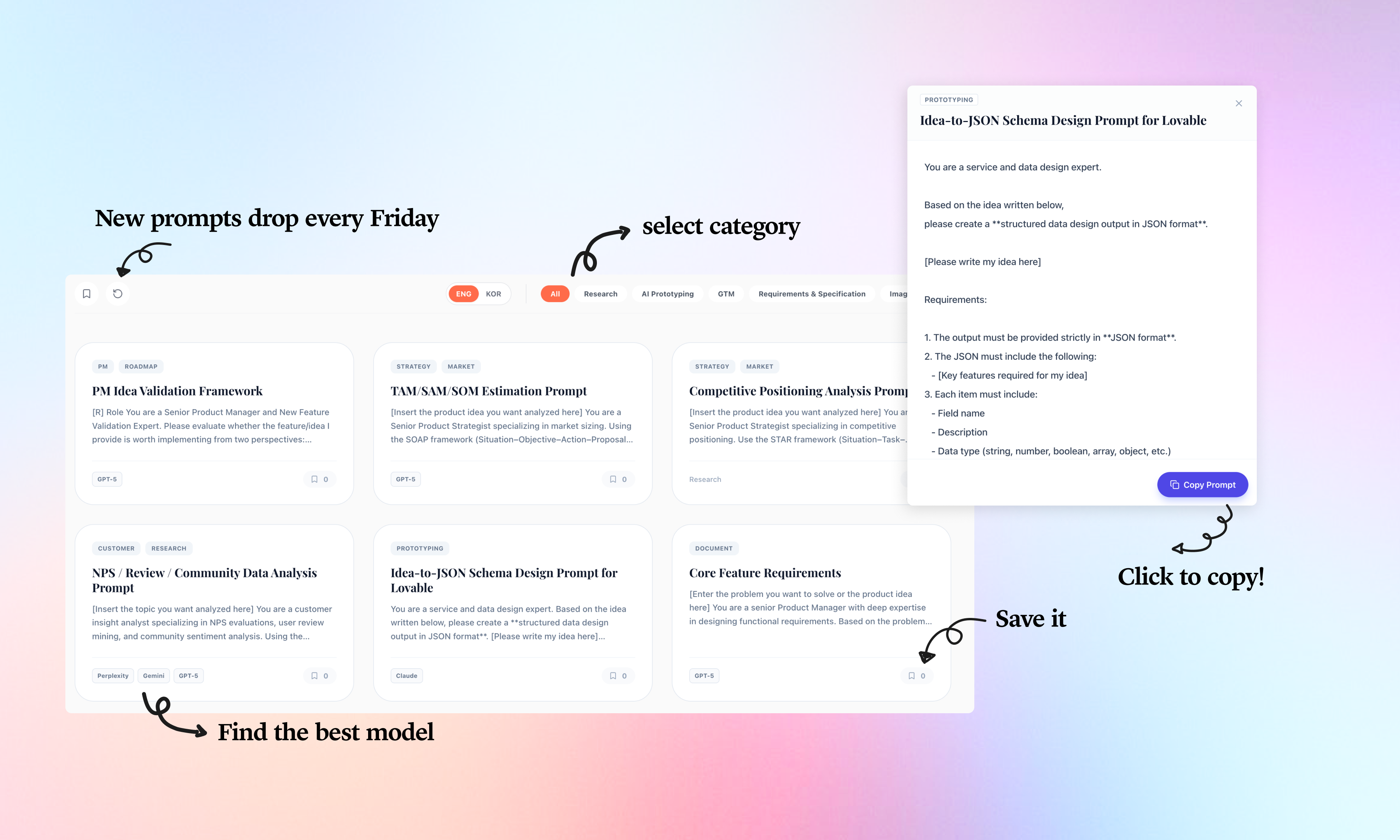 Prompts Pack for PMs & Marketers - Screenshot 2 showing product features and functionality