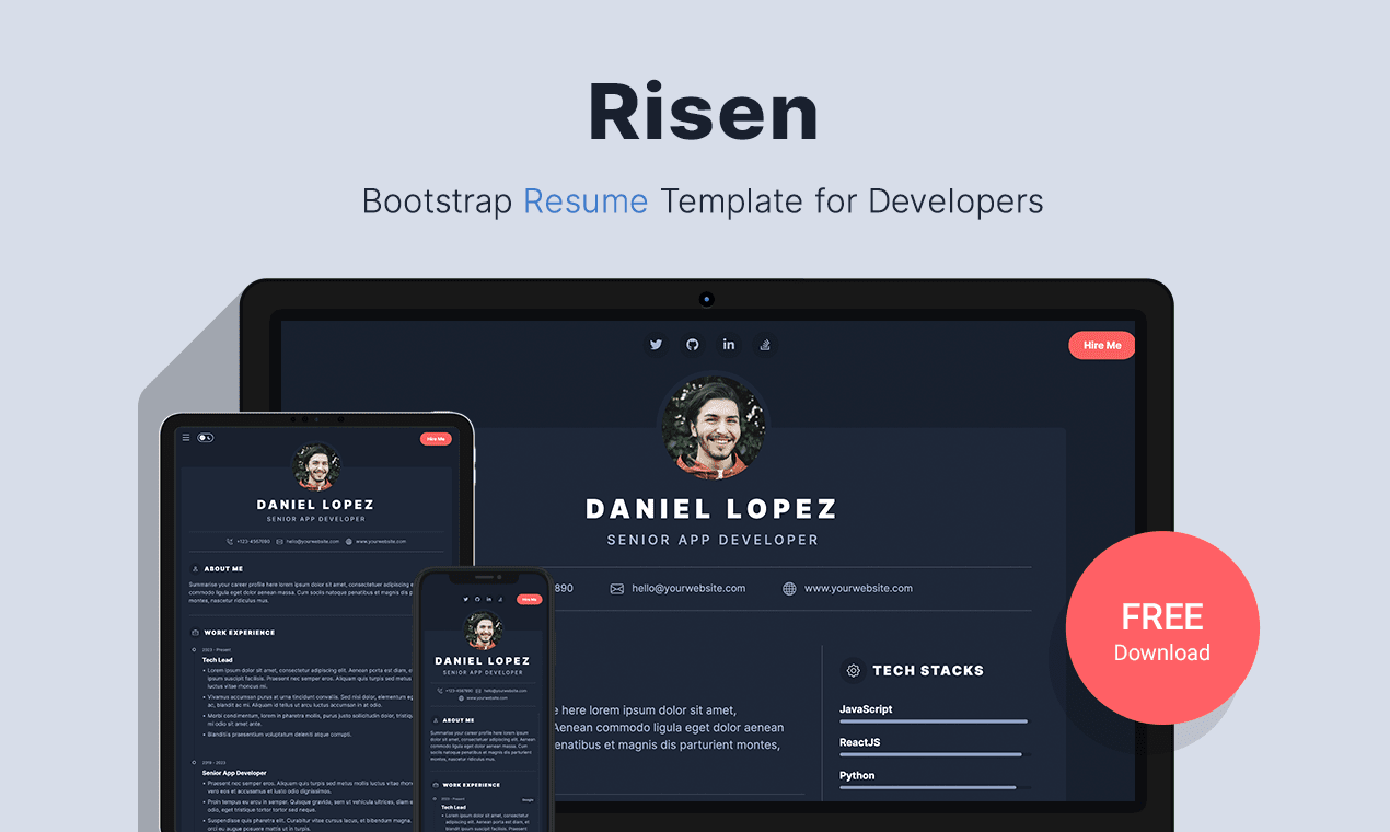 Risen - แม่แบบเรซูเม่ฟรีสำหรับ devs - ฟรี bootstrap 5 dark mode resume/cv เทมเพลตสำหรับนักพัฒนา media 1