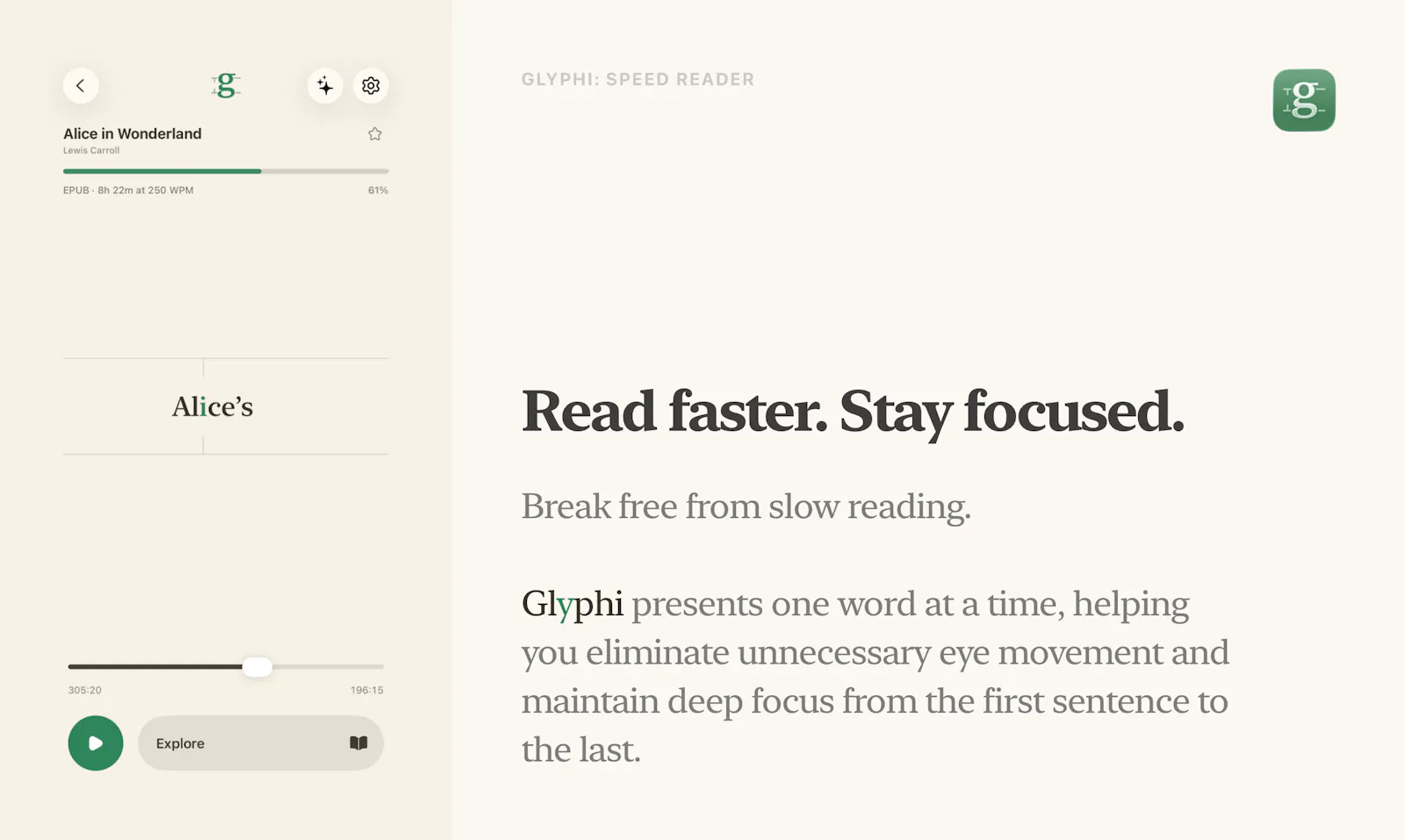 Glyphi: Speed Reader screenshot 1