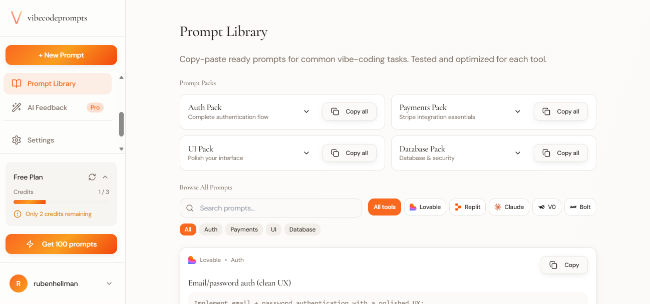 vibecodeprompts - Screenshot 2 showing product features and functionality