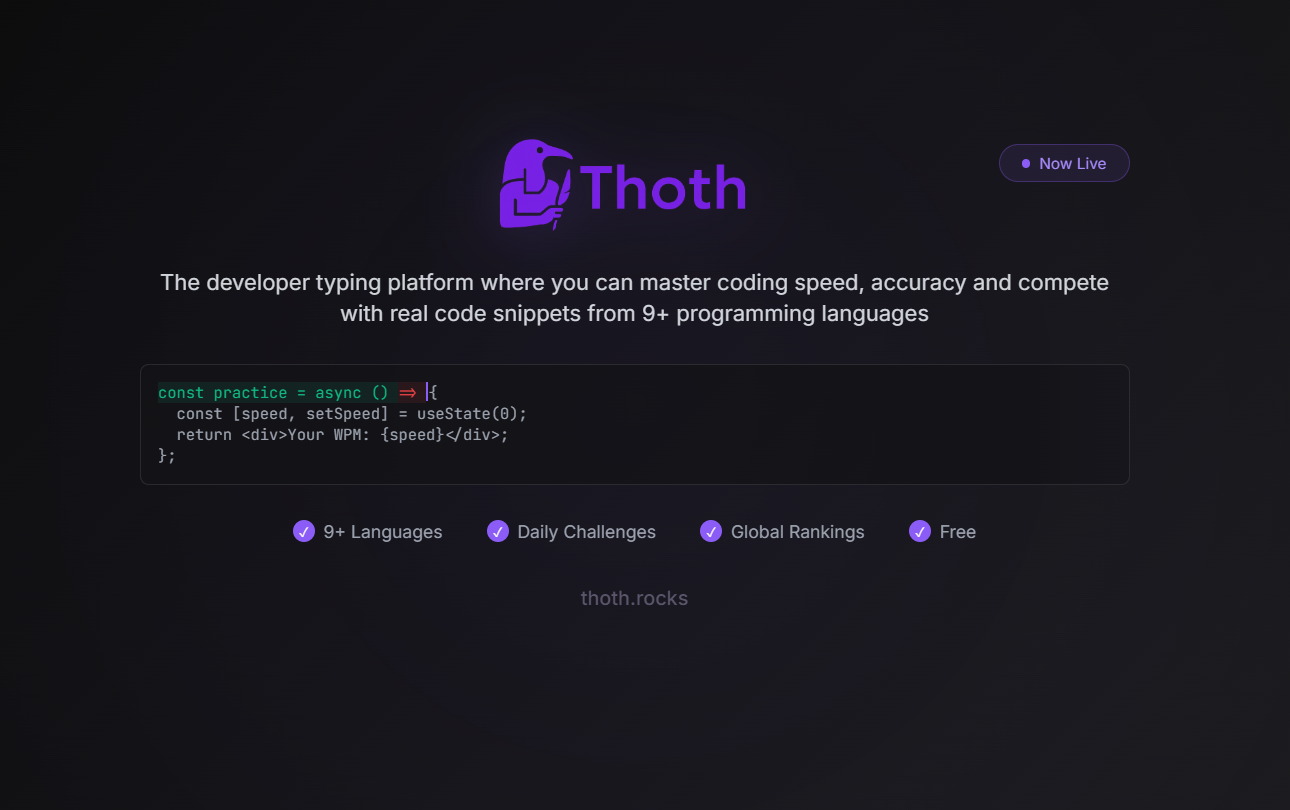 Mídia 1 de Thoth |A plataforma de digitação do desenvolvedor - Velocidade de codificação mestre, precisão e competir com o código real.