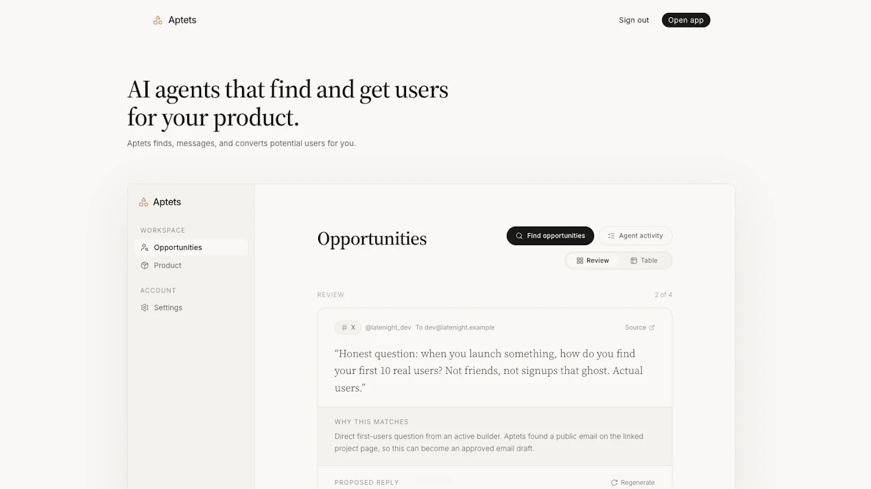 Aptets: outreach for vibe-coded projects product