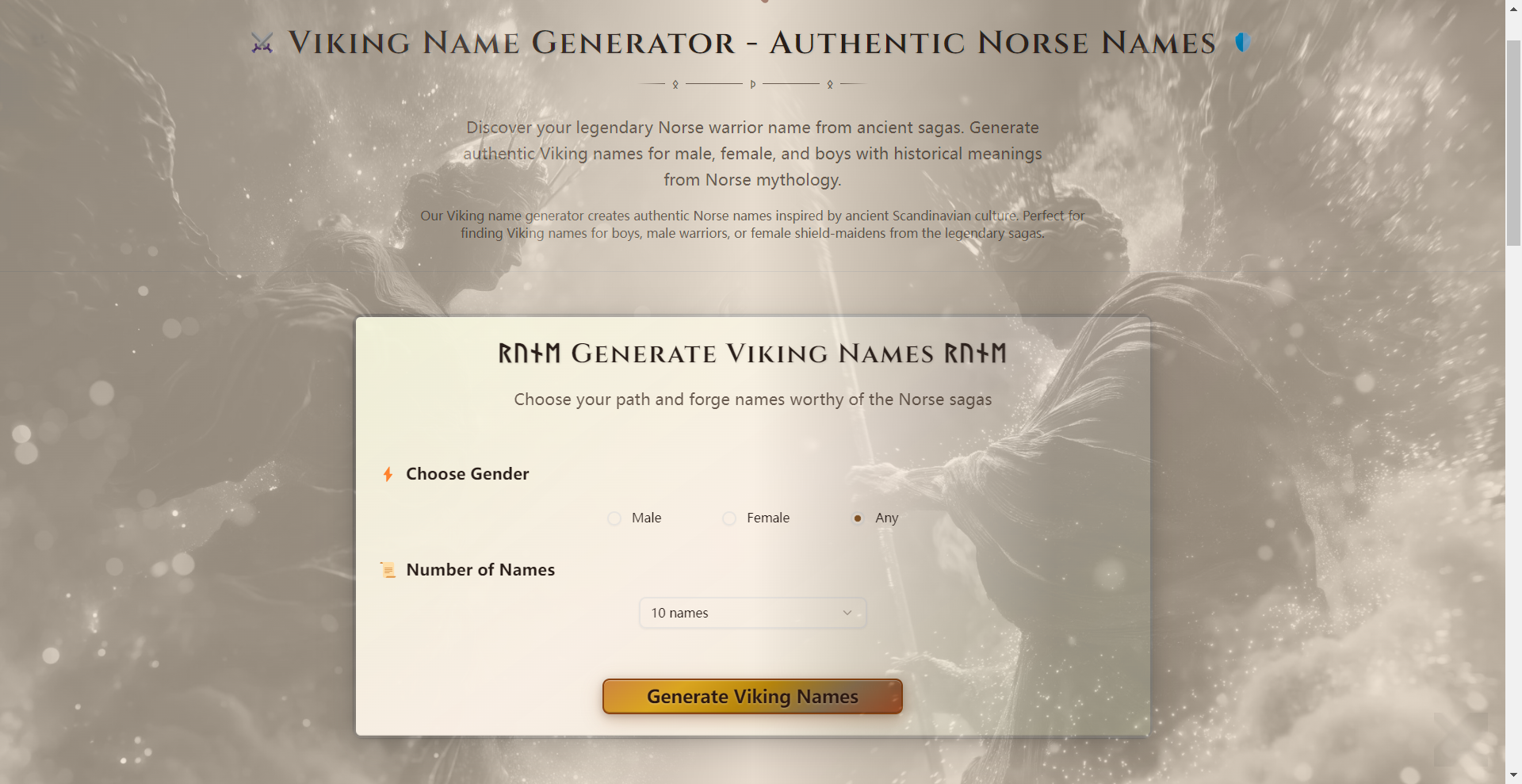 Viking Name Generator - Main screenshot showing features and interface
