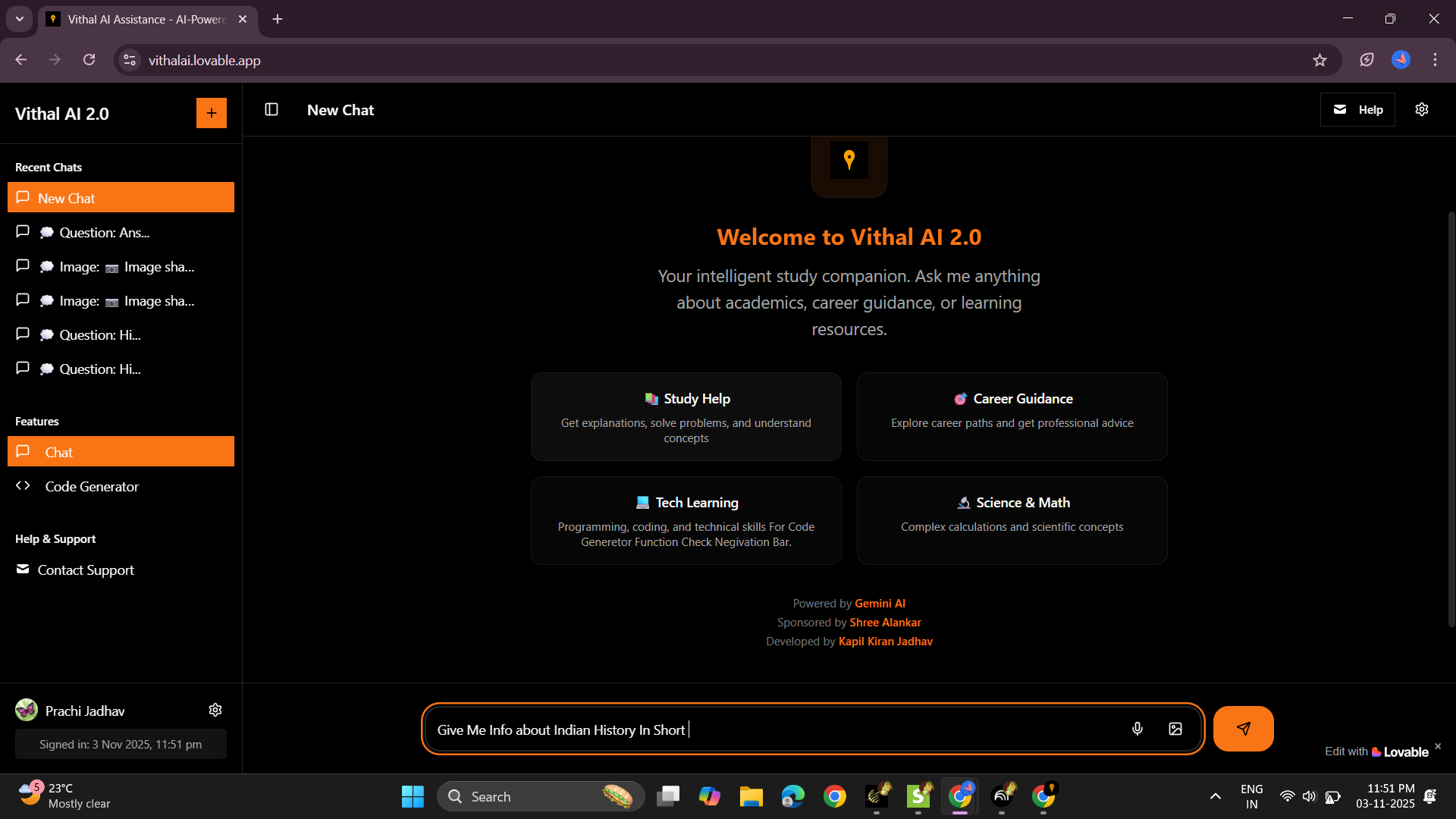 Vithal.Ai - Main screenshot showing features and interface