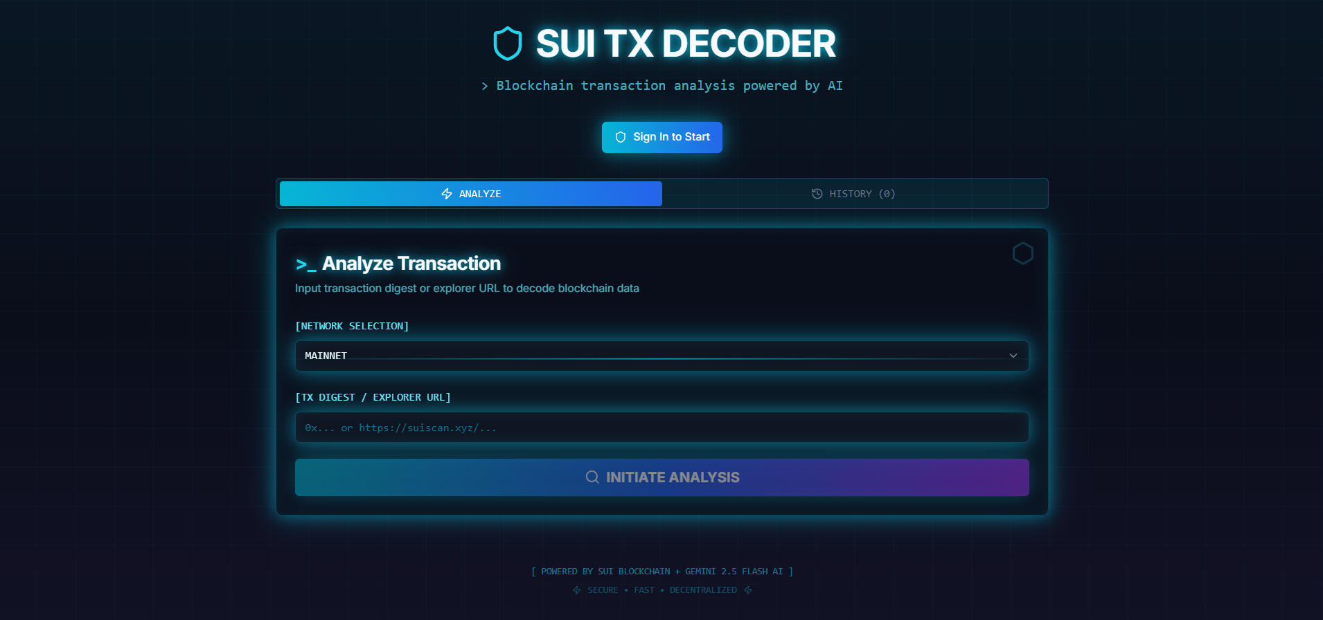 SUI TX DECODER - Main screenshot showing features and interface