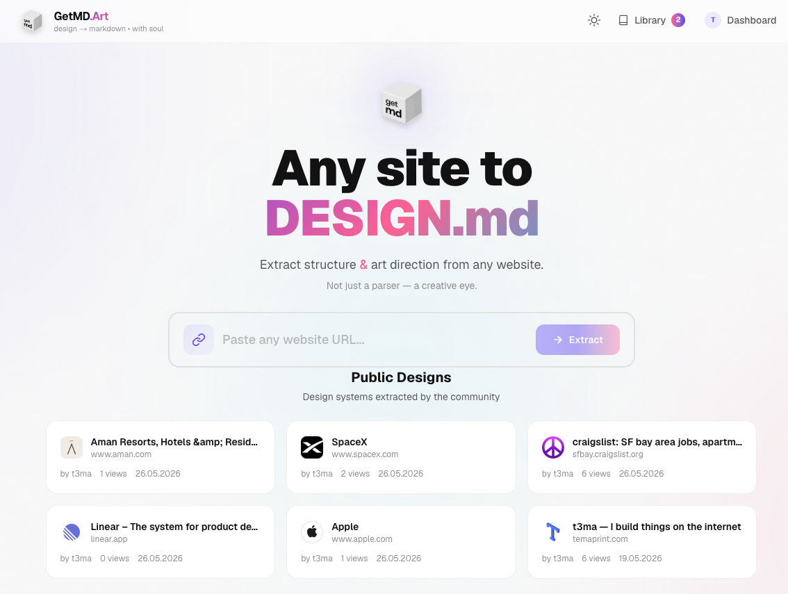 GetMD.Art — Any website into DESIGN.md gallery image