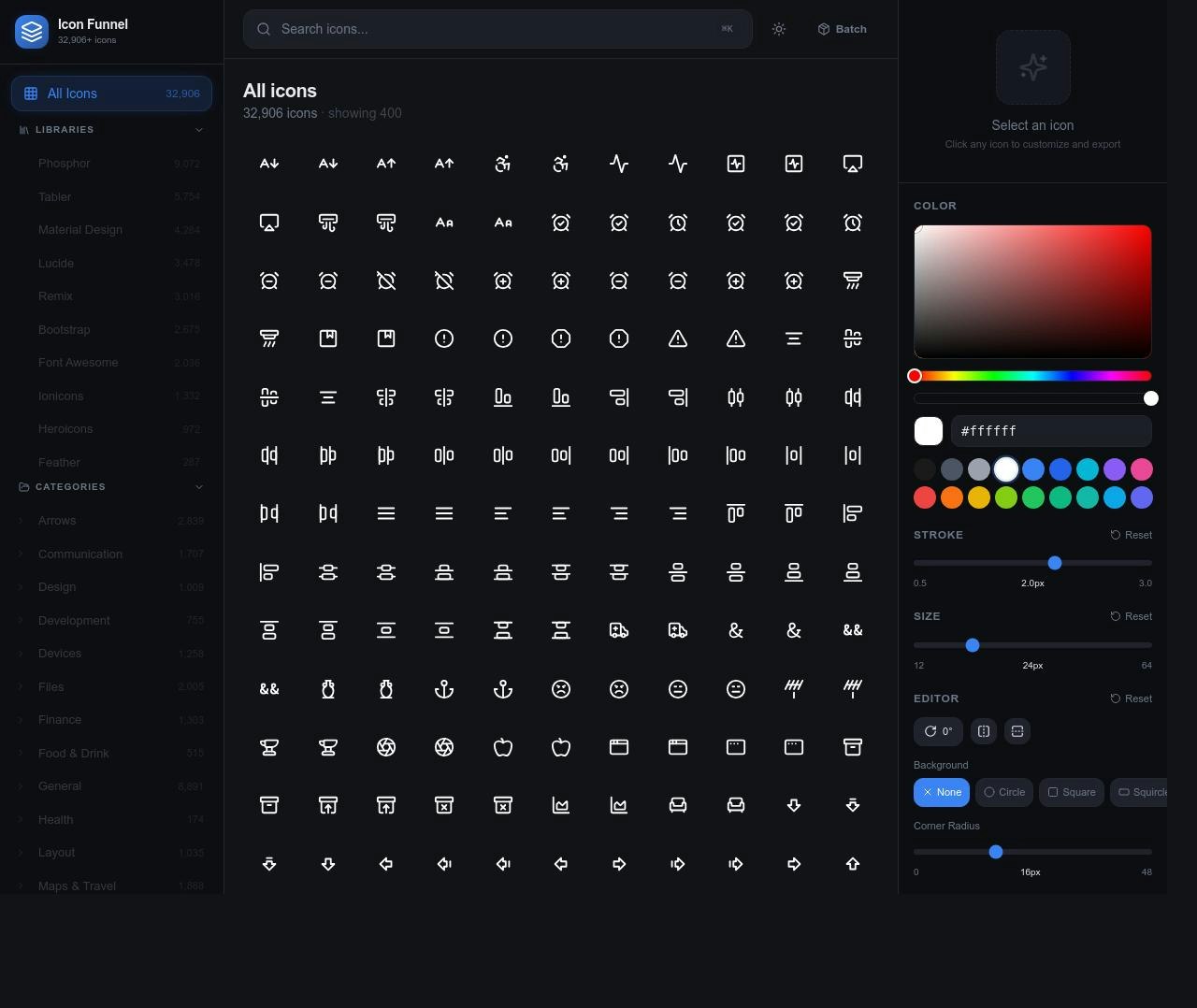 The Icon Funnel — Browse & Export Icons - Main product screenshot demonstrating key features and user interface