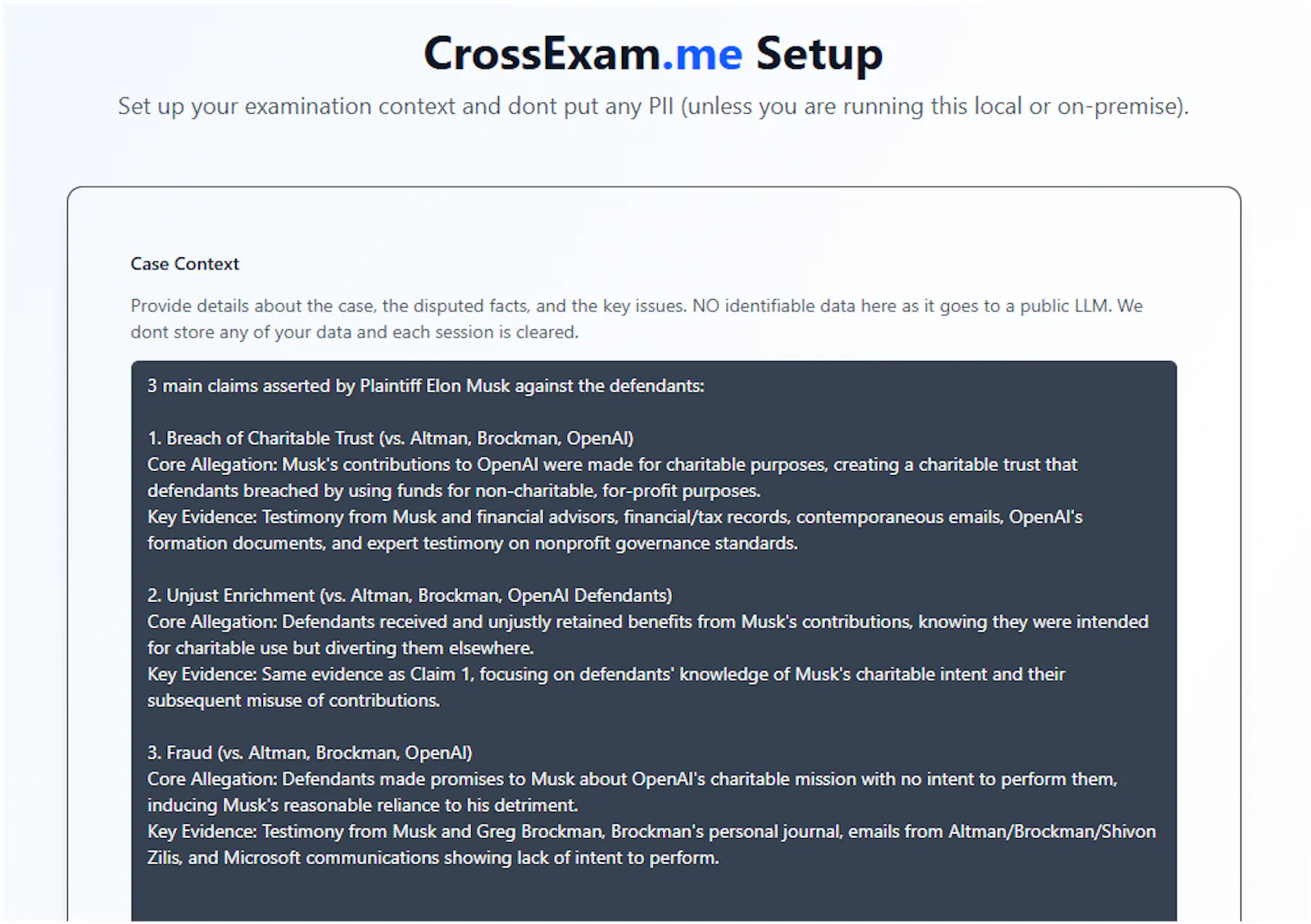 crossexam.me Platform screenshot 2