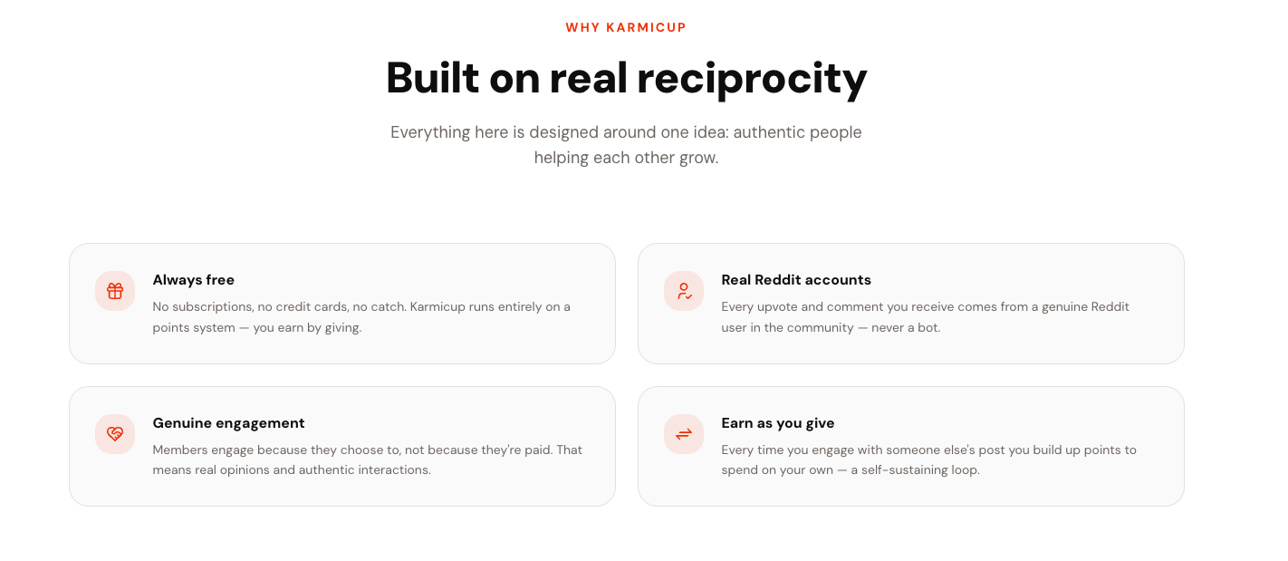 Karmicup - Free Reddit Upvotes - Screenshot 2 showing product features and functionality