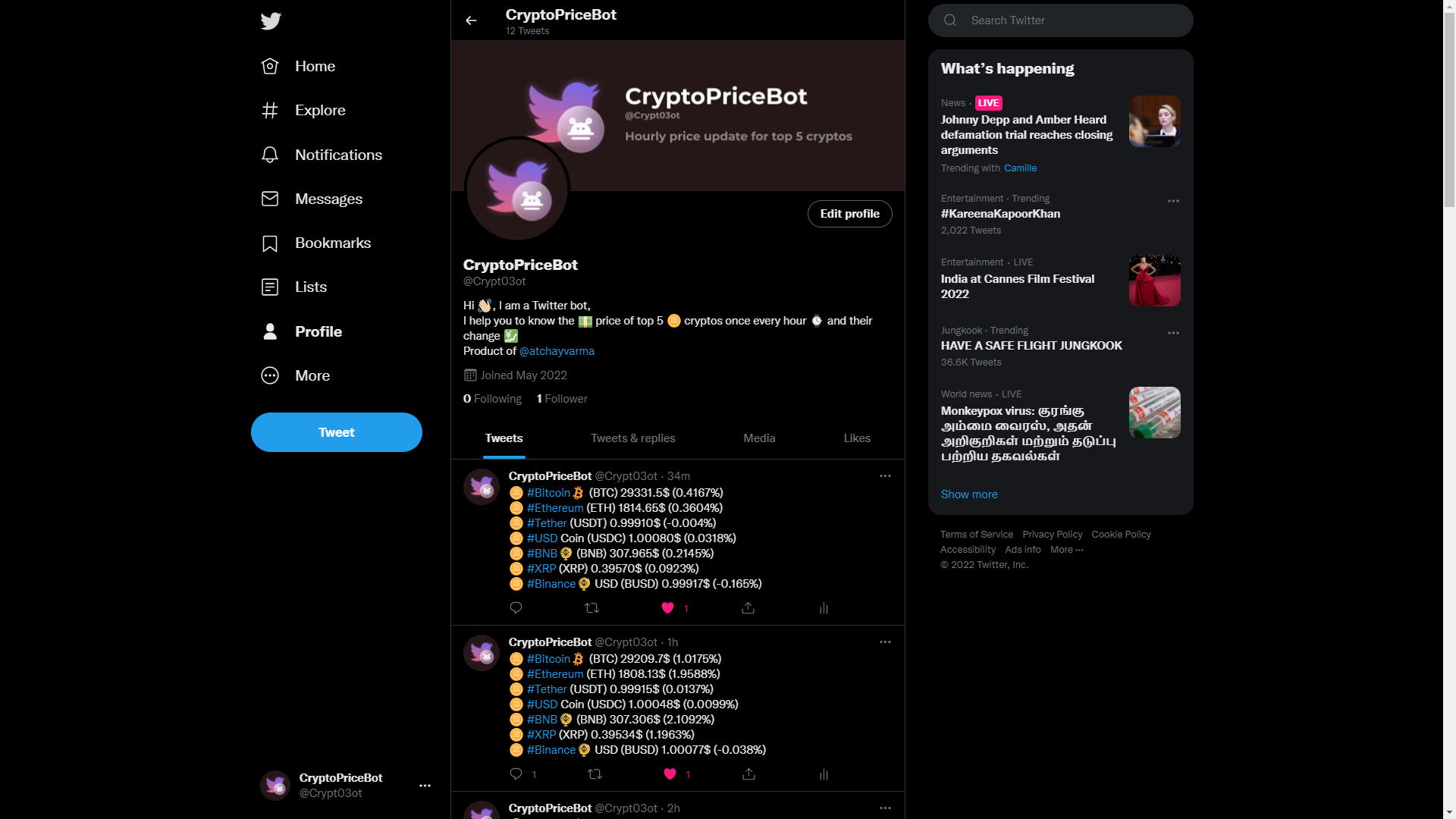 CryptoPriceBot - Know the price of top 5 cryptos every hour in twitter media 2