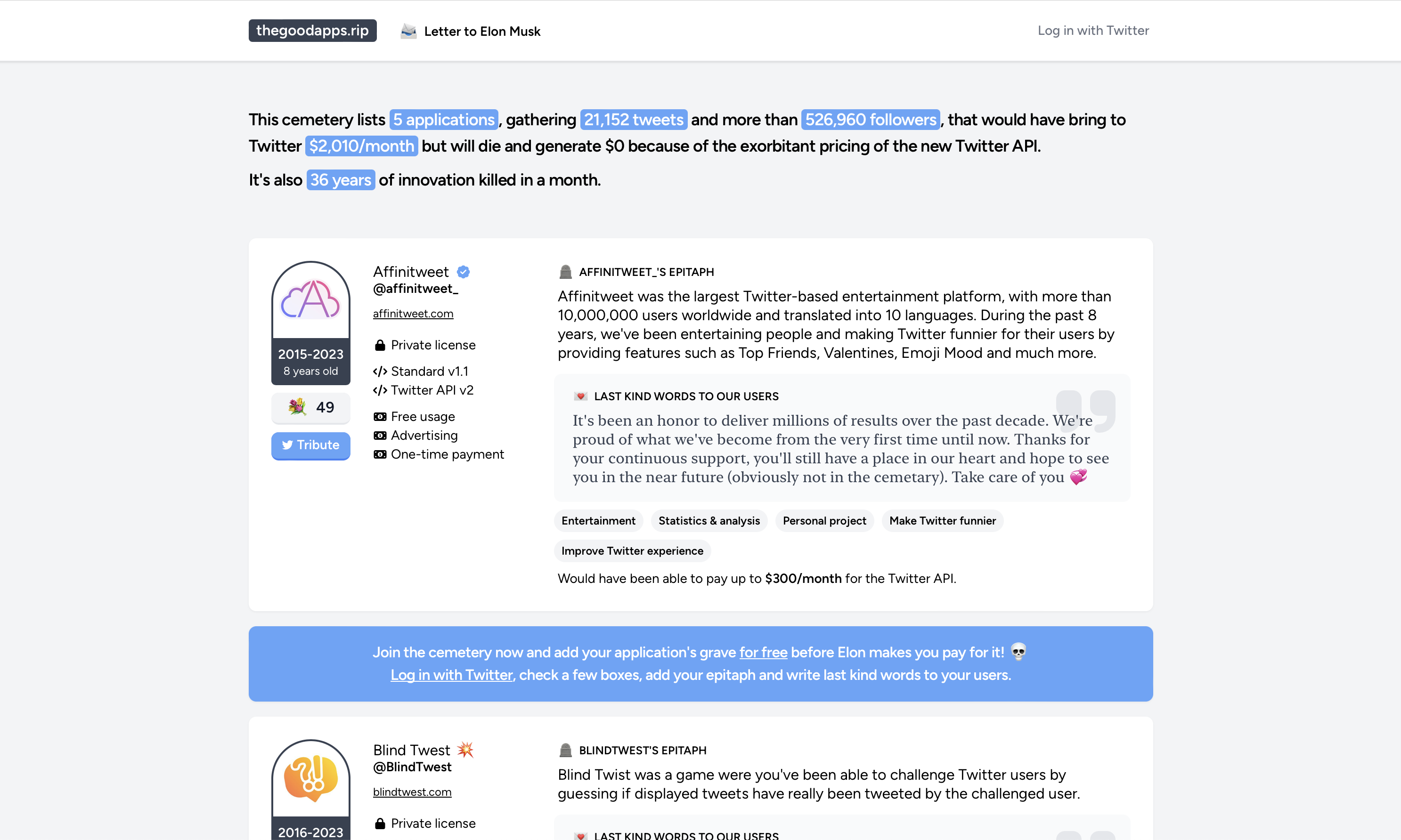 สุสานแอพที่ดี - เข้าร่วมและสนับสนุนแอปพลิเคชัน Twitter ที่กำลังจะตาย (ราคา API ใหม่) media 1