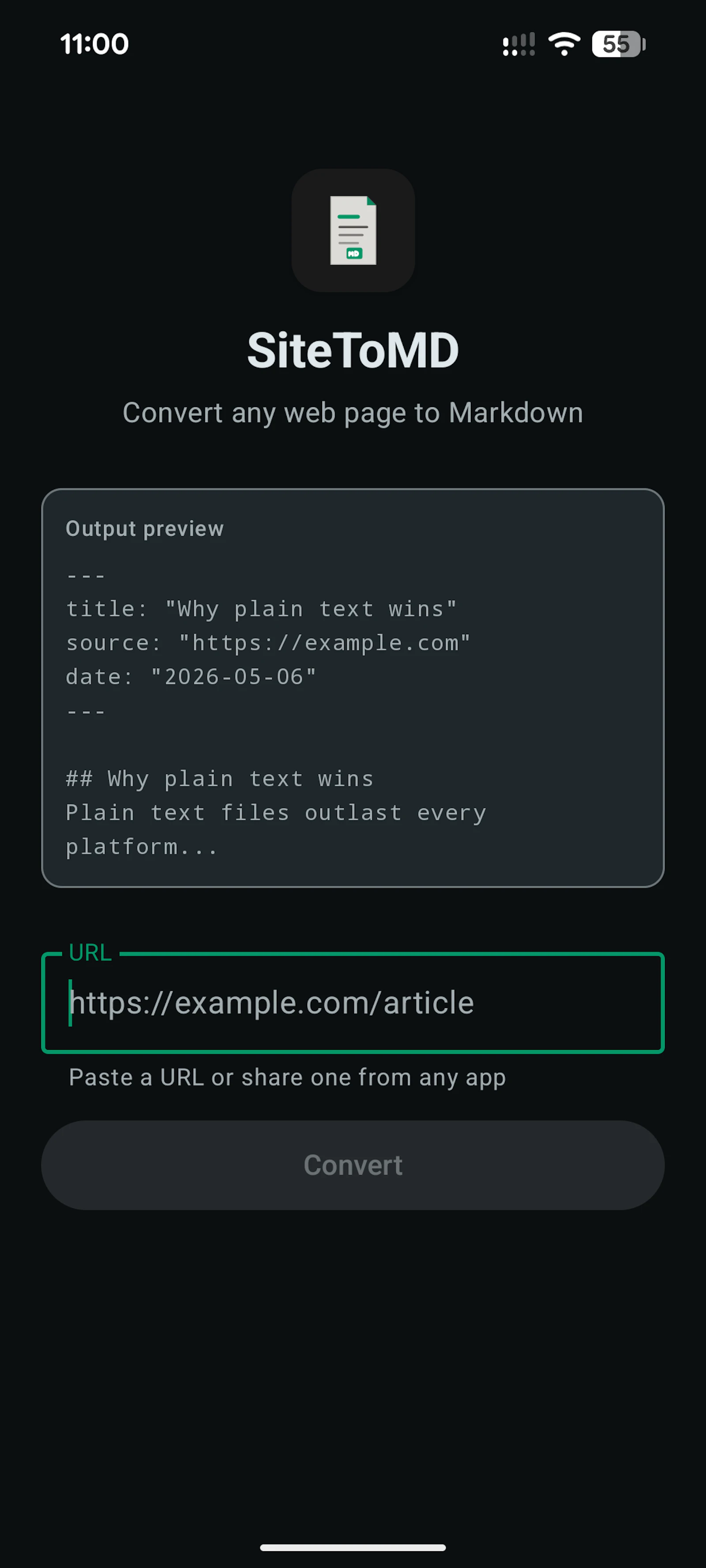 SiteToMD — Any web page. Clean markdown. screenshot 1