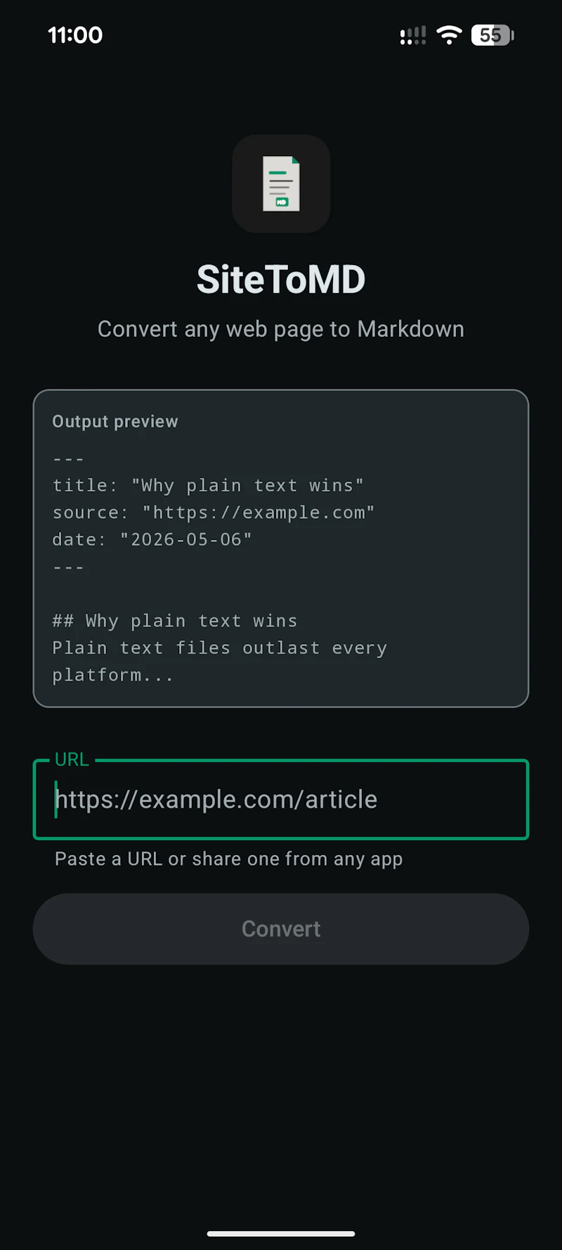 SiteToMD — Any web page. Clean markdown. screenshot 1