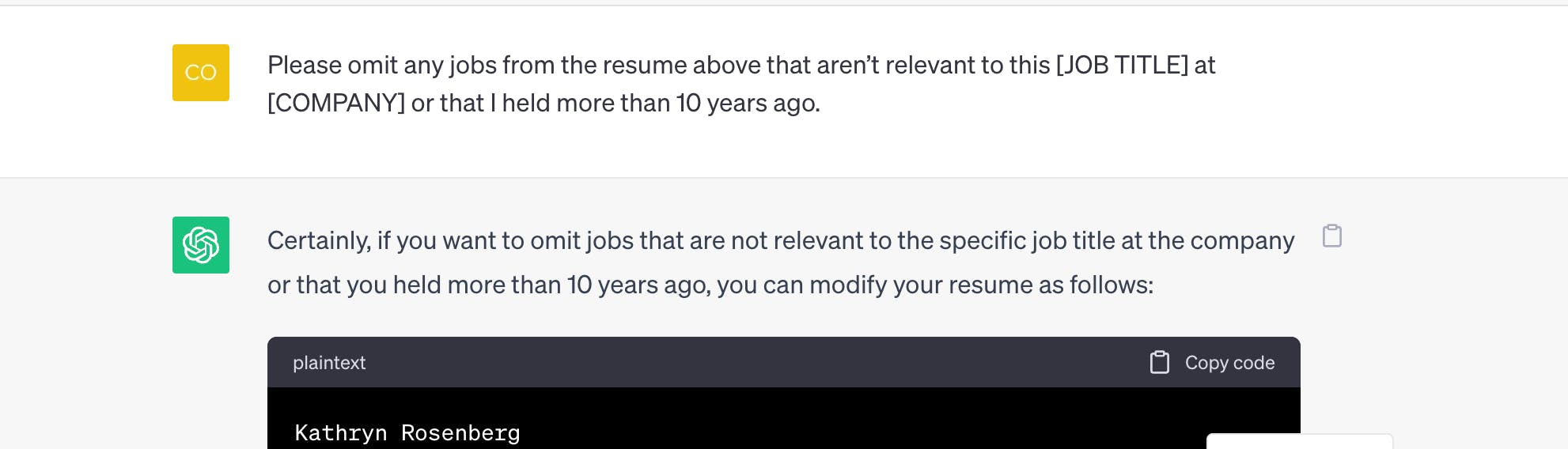 ChatGPT prompt for omitting old jobs from a resume