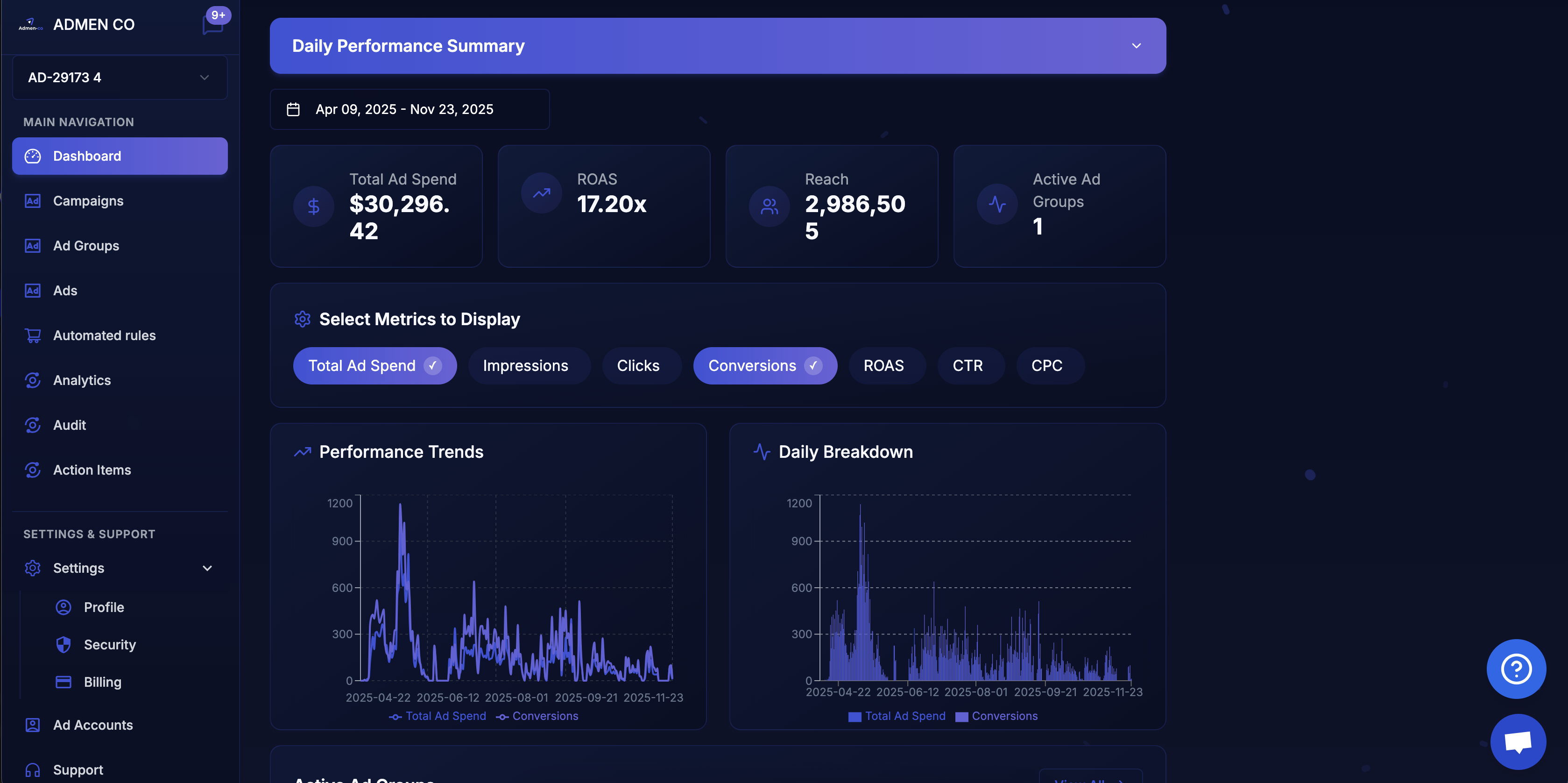ADMEN – Automated TikTok Ad Optimization - Main product screenshot demonstrating key features and user interface