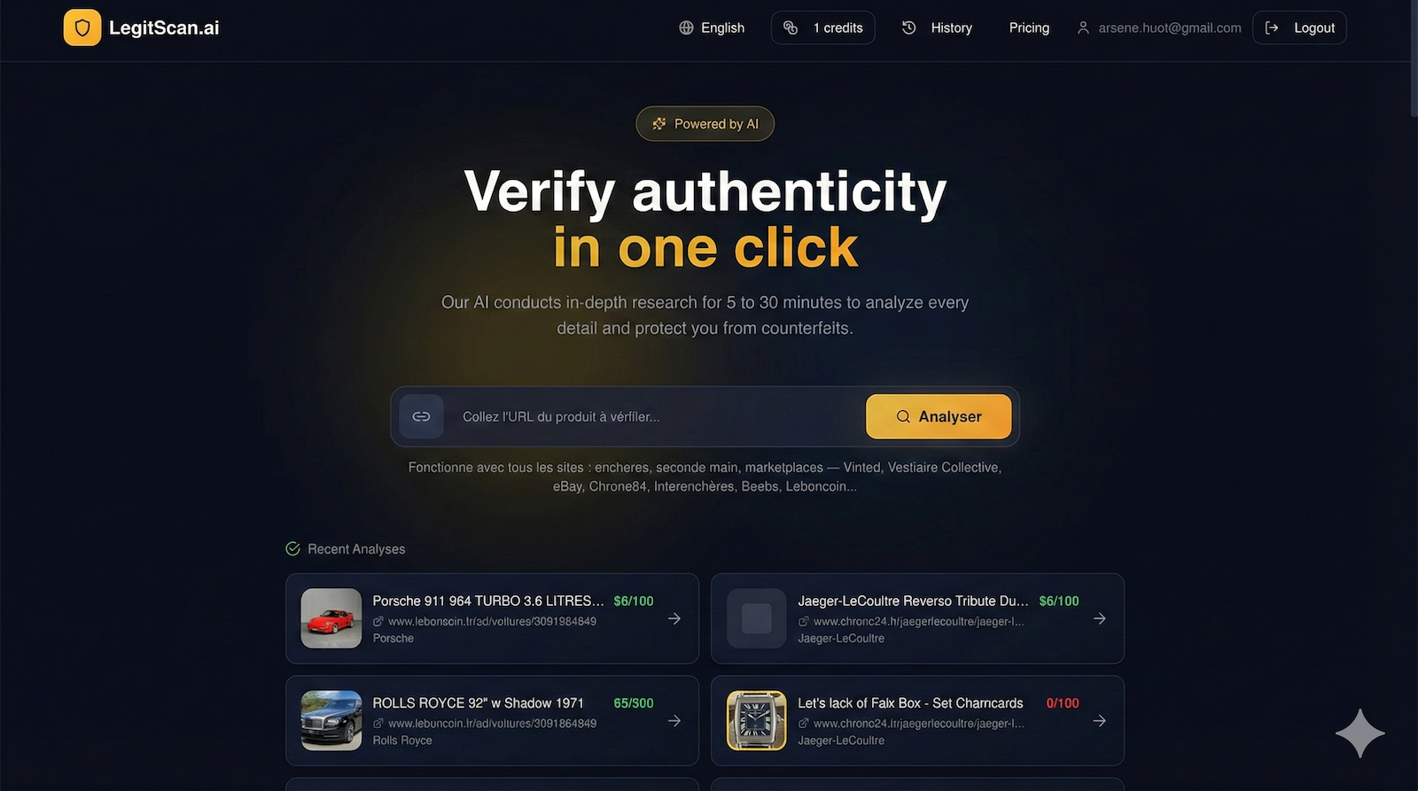 LegitScan.ai - Main product screenshot demonstrating key features and user interface