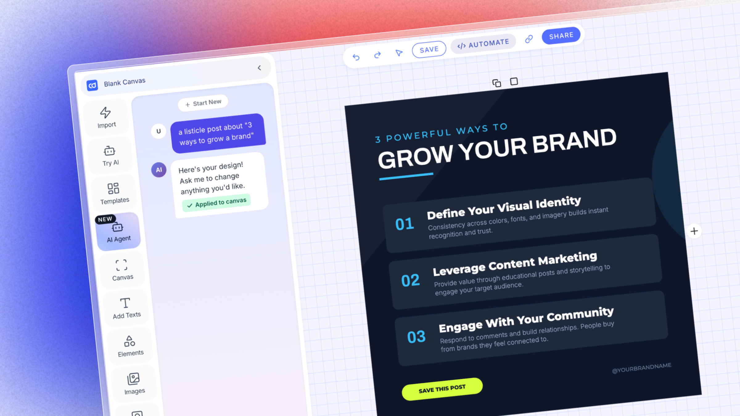 Contentdrips Design Agent - Main product screenshot demonstrating key features and user interface