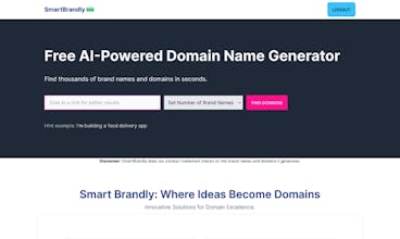 SmartBrandly的品牌名称和域名广泛库截图，展示了用户可以随手选择的数千个选项。