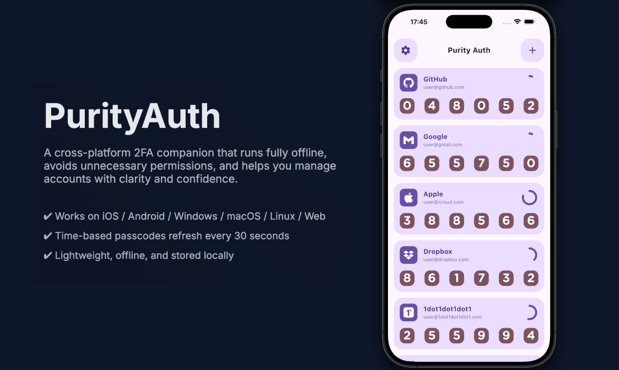PurityAuth - Main screenshot showing features and interface