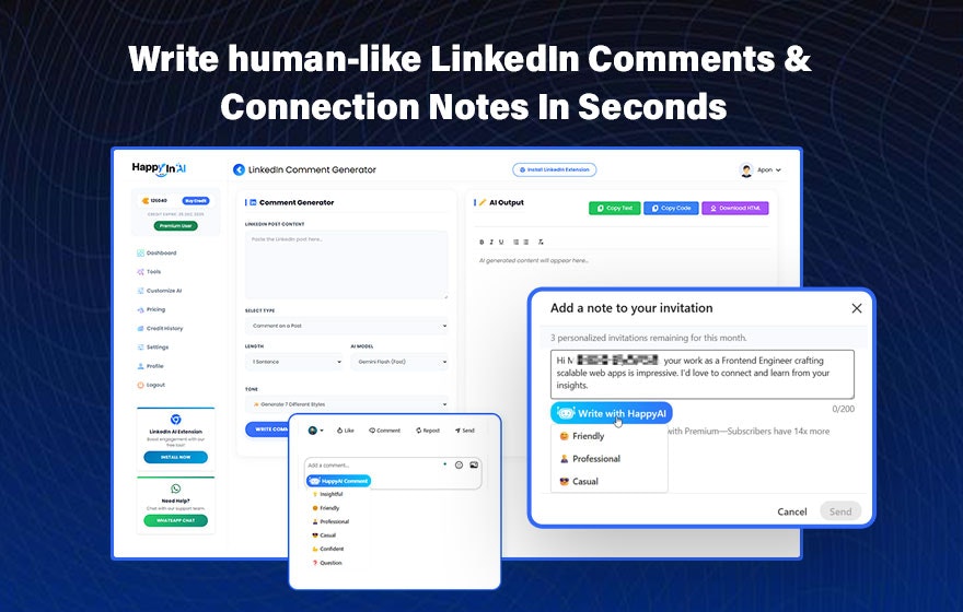 LinkedIn AI Comments Generator HappyInAI - Screenshot 2 showing product features and functionality