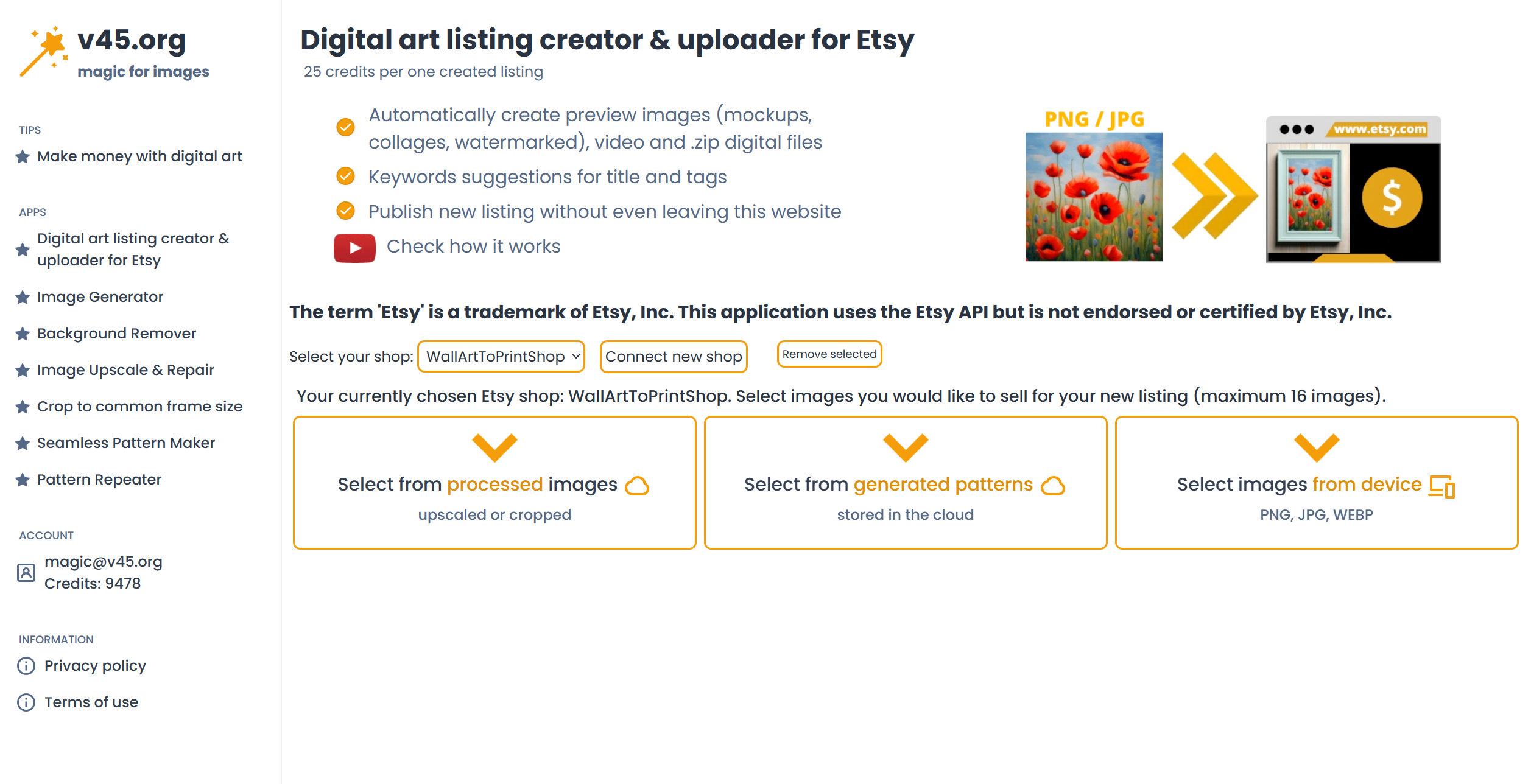 وسائط منشئ قائمة الفن الرقمي لـ Etsy - إرسال الفن الرقمي للبيع في ثوانٍ قليلة.وفر وقتك. 1