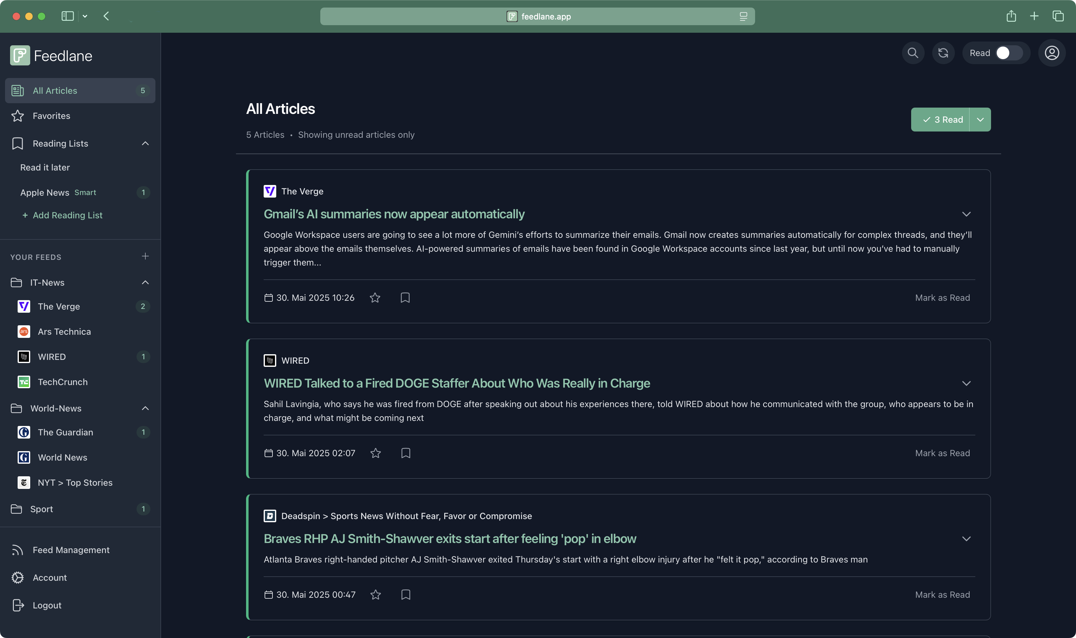 Подача в подачу - Служба RSS Reader & Sync для всех ваших любимых каналов медиа 3