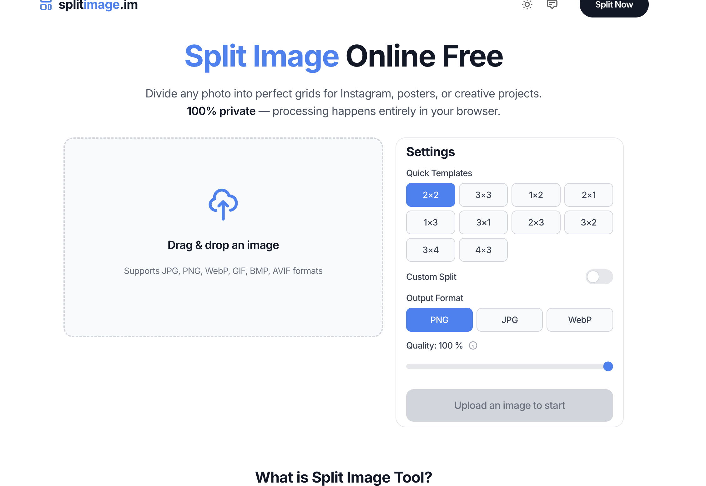 Split Image Tool - Main product screenshot demonstrating key features and user interface