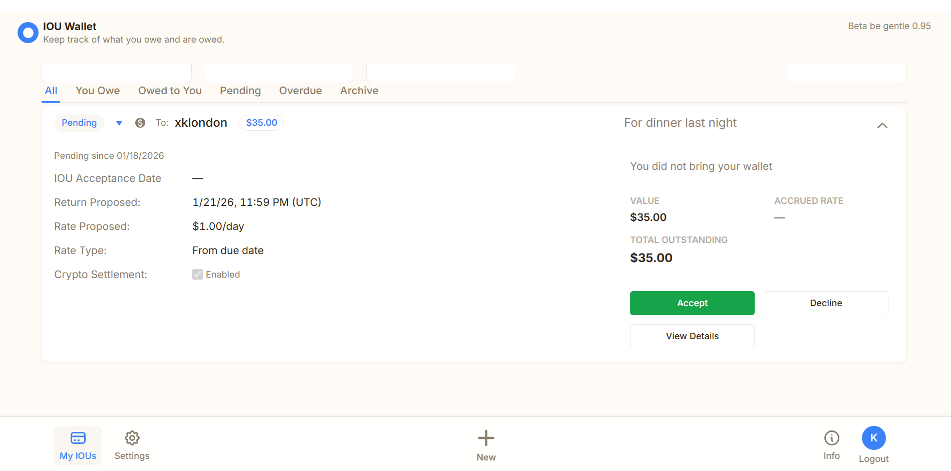 IOU Wallet - Main product screenshot demonstrating key features and user interface