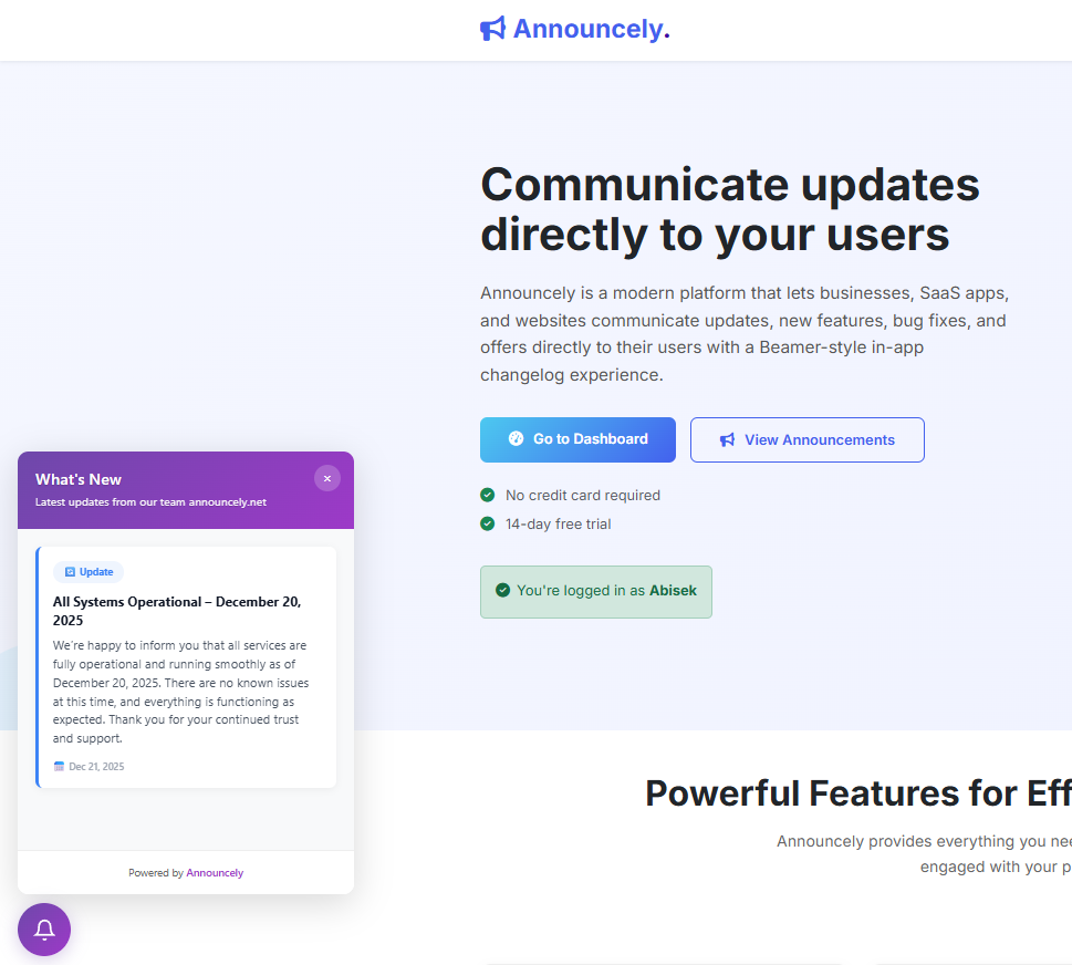Announcely.net | Changelog & Updates - Screenshot 5 showing product features and functionality