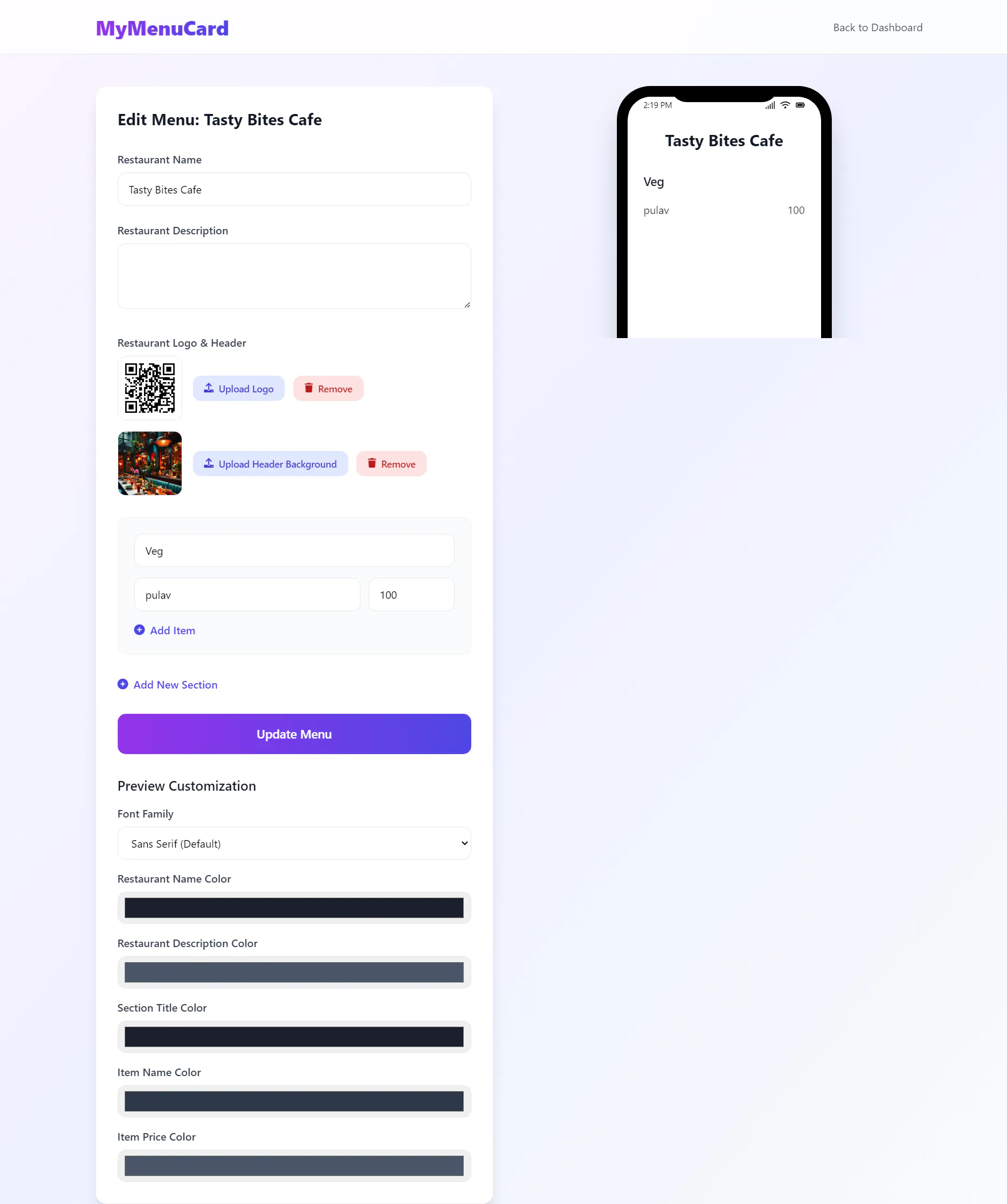 MyMenuCard gallery image