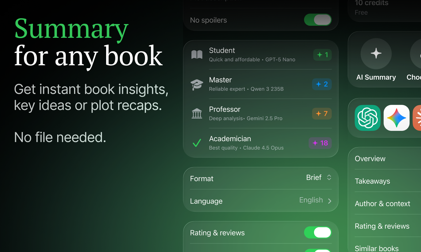 Bookov's AI summaries  - Main product screenshot demonstrating key features and user interface