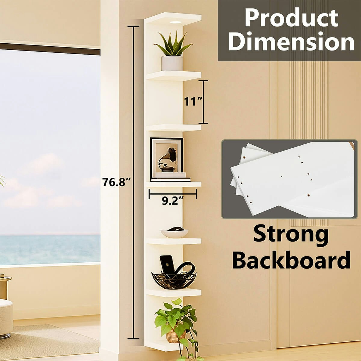 Versatile 7 Tier Wall Shelf Unit, White - Measures approximately 9.25″ X9.84″x76.8″. media 4