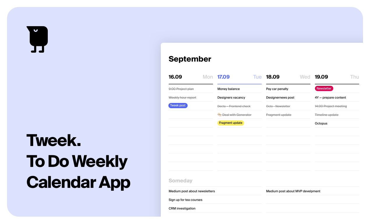 Tweek Calendar — Minimal Do list and Weekly Task App
