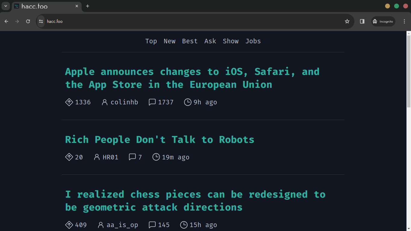 Media hacc.foo - Hacker News Client (không chính thức) - Được xây dựng với HTMX GO 1